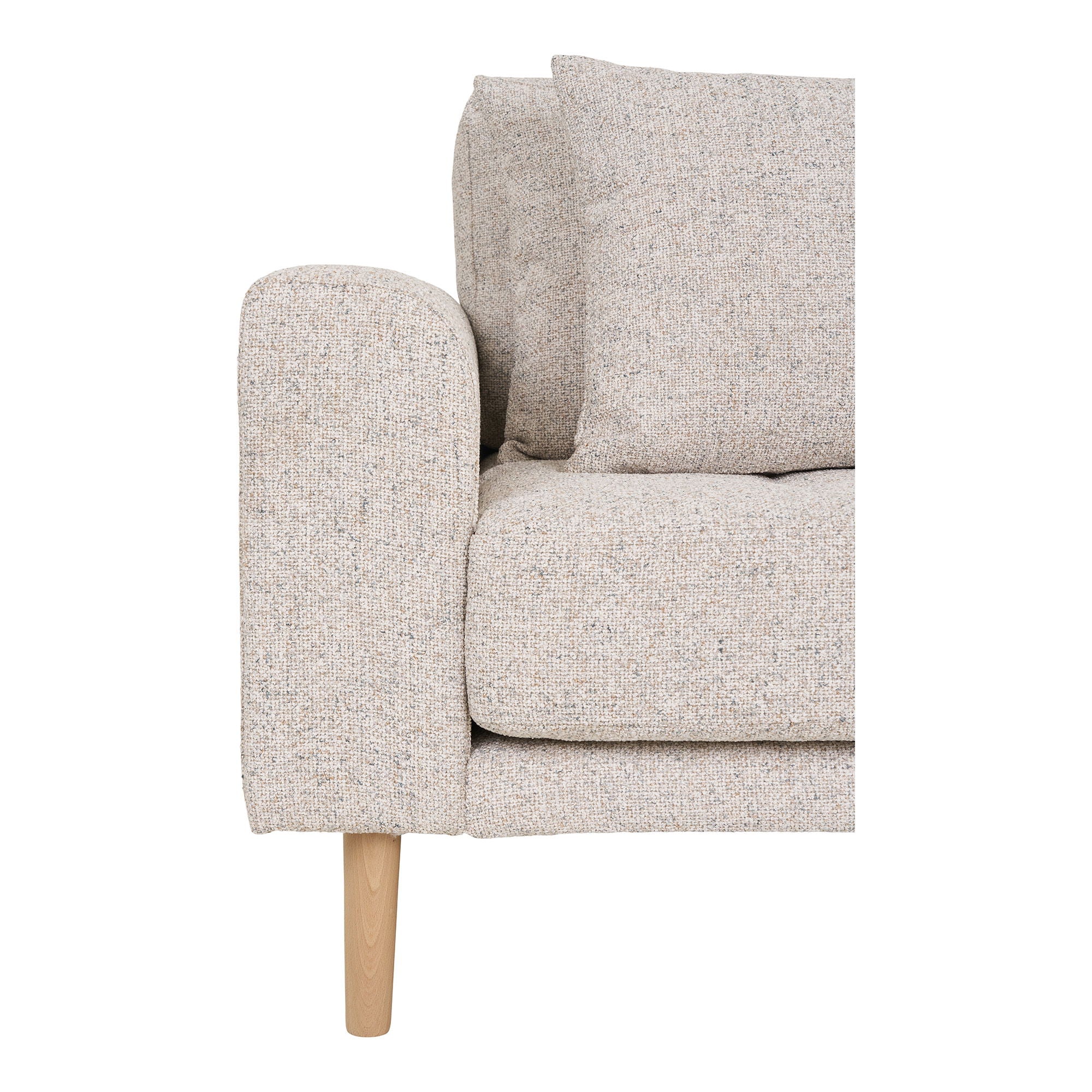 Lido Lounge Sofa - Lounge -Sofa, rechts - in Beige verschmiert mit vier Kissen und Naturholzbeinen, HN1015