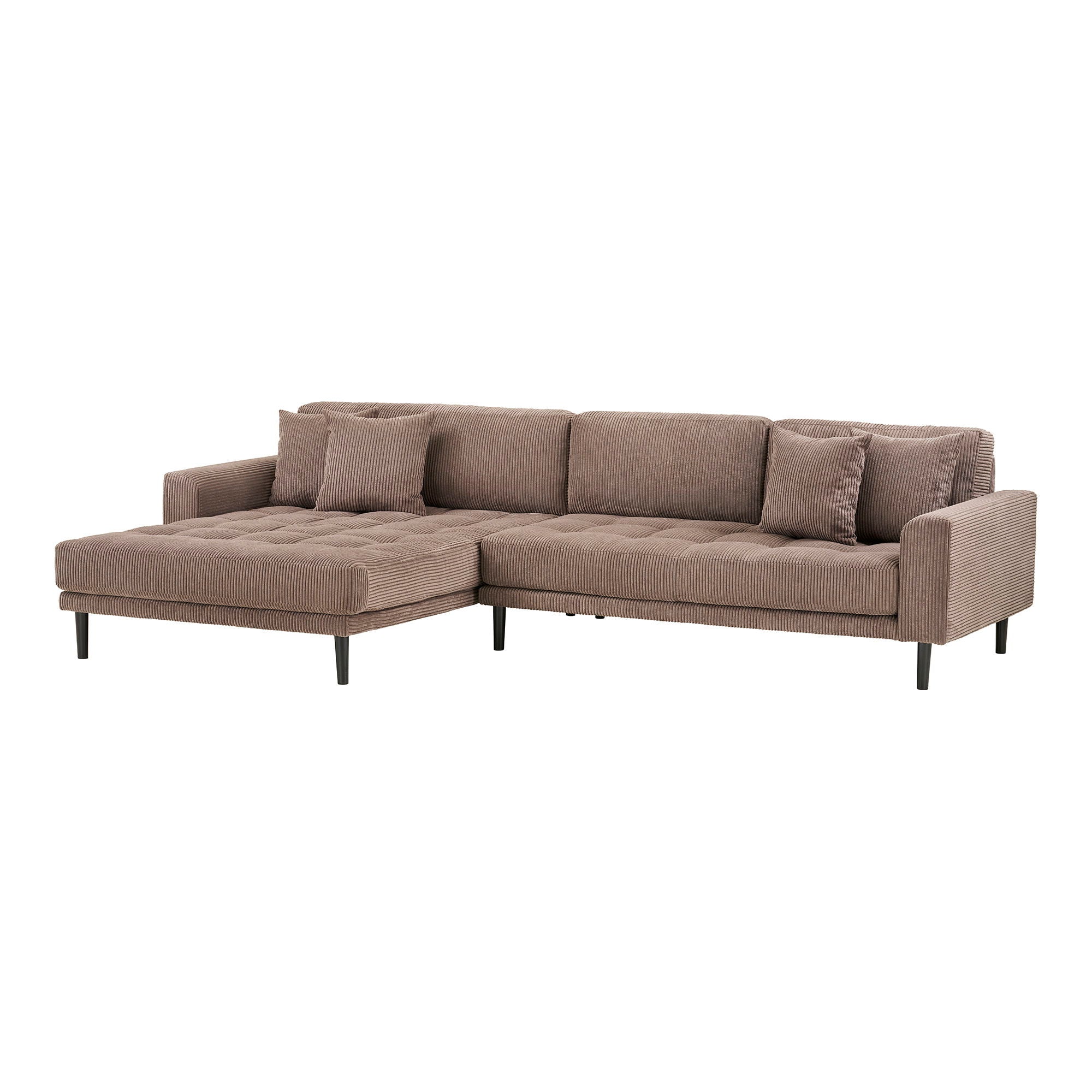 Lido Lounge Sofa - Lounge -Sofa, links in braunem Samt mit vier Kissen und schwarzen Holzbeinen HN1423