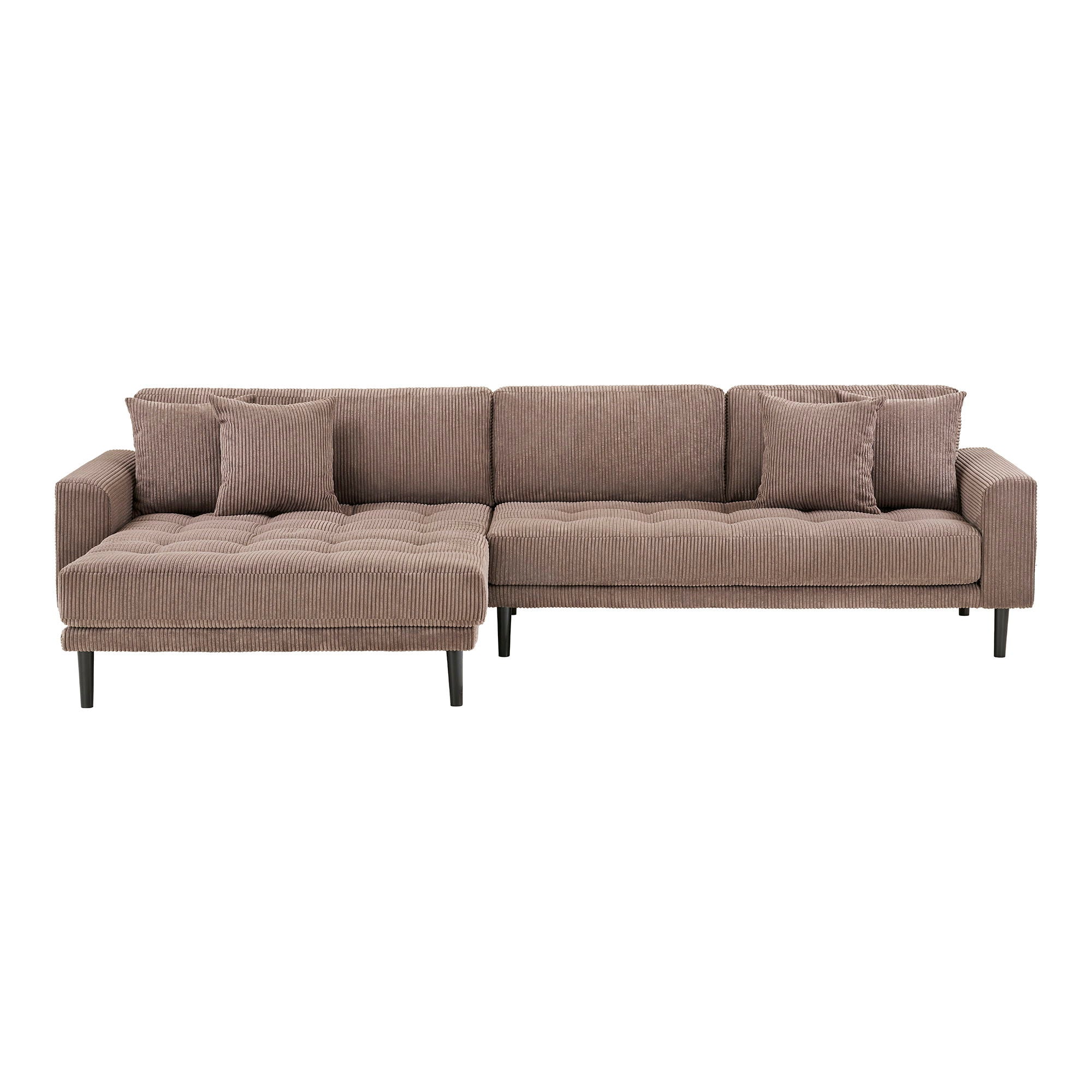 Lido Lounge Sofa - Lounge -Sofa, links in braunem Samt mit vier Kissen und schwarzen Holzbeinen HN1423