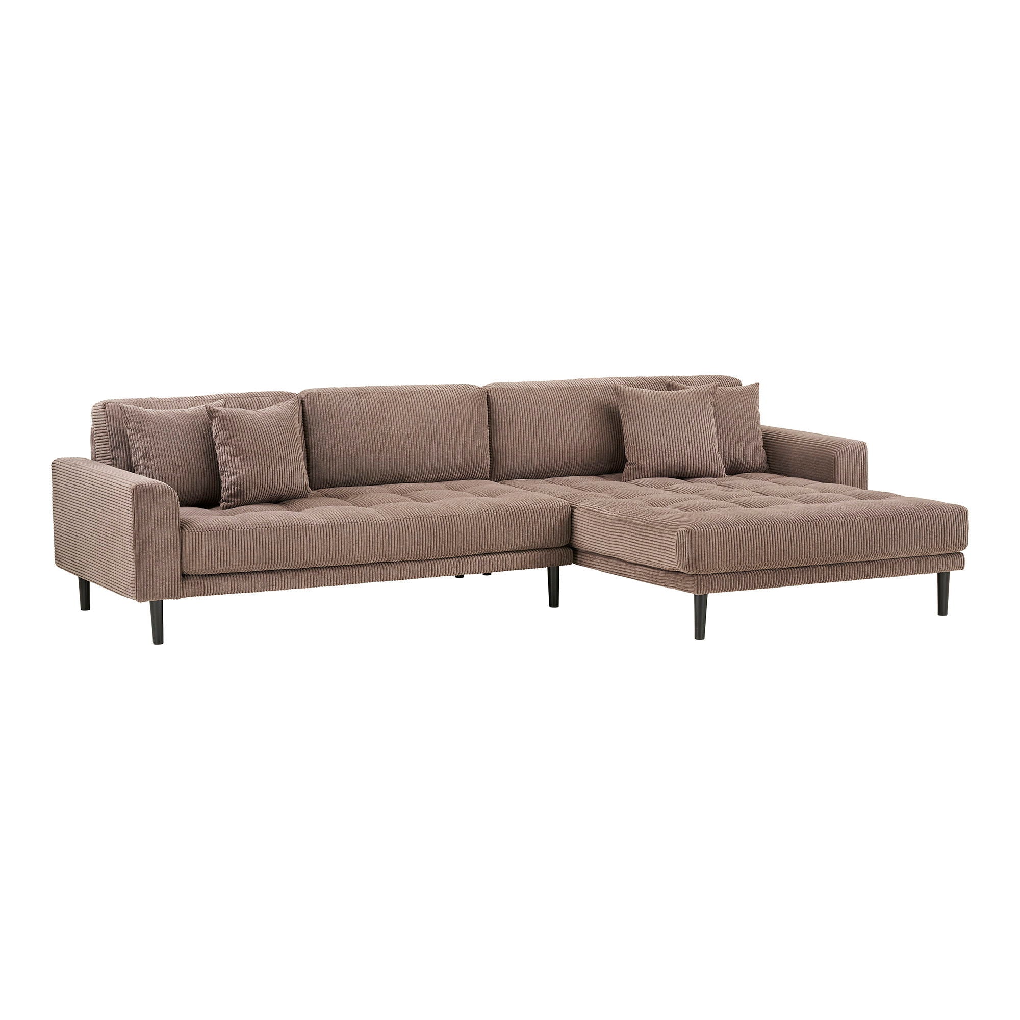 Lido Lounge Sofa - Lounge -Sofa, rechts in braunem Samt mit vier Kissen und schwarzem Holz ben HN1423 ab.