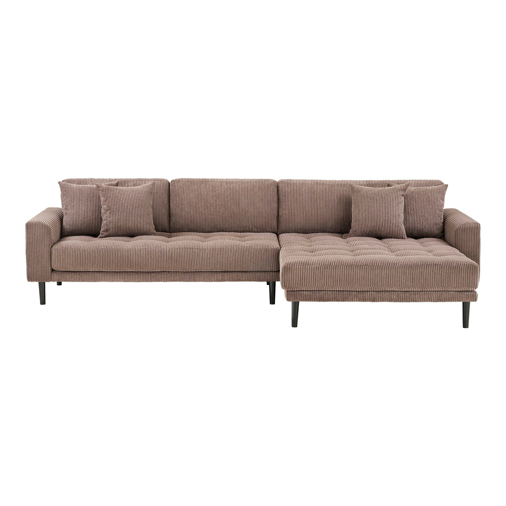 Lido Lounge Sofa - Lounge -Sofa, rechts in braunem Samt mit vier Kissen und schwarzem Holz ben HN1423 ab.