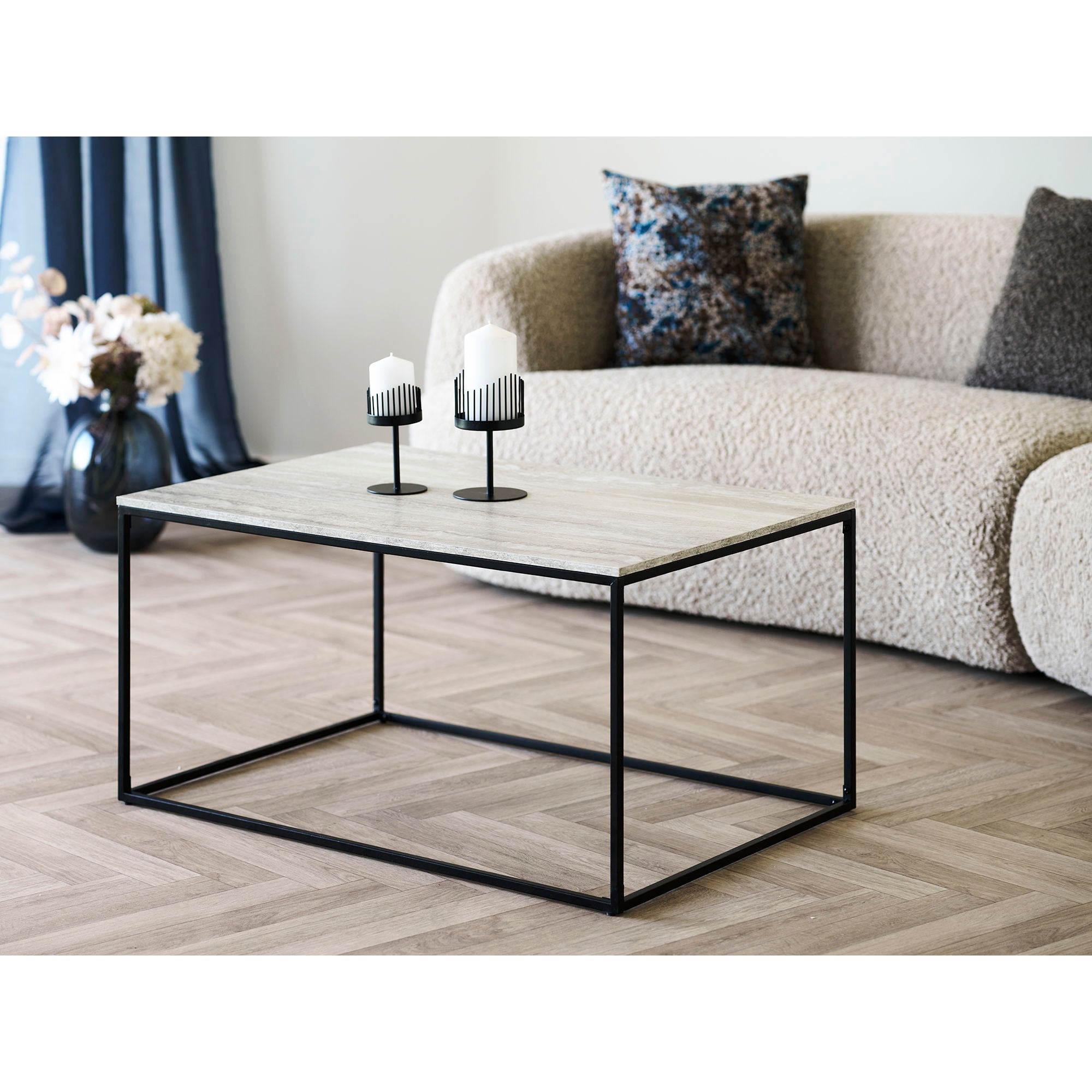 Vita Couchtisch - Couchtisch, Travertin -Look, schwarzer Rahmen 90x60x45 cm
