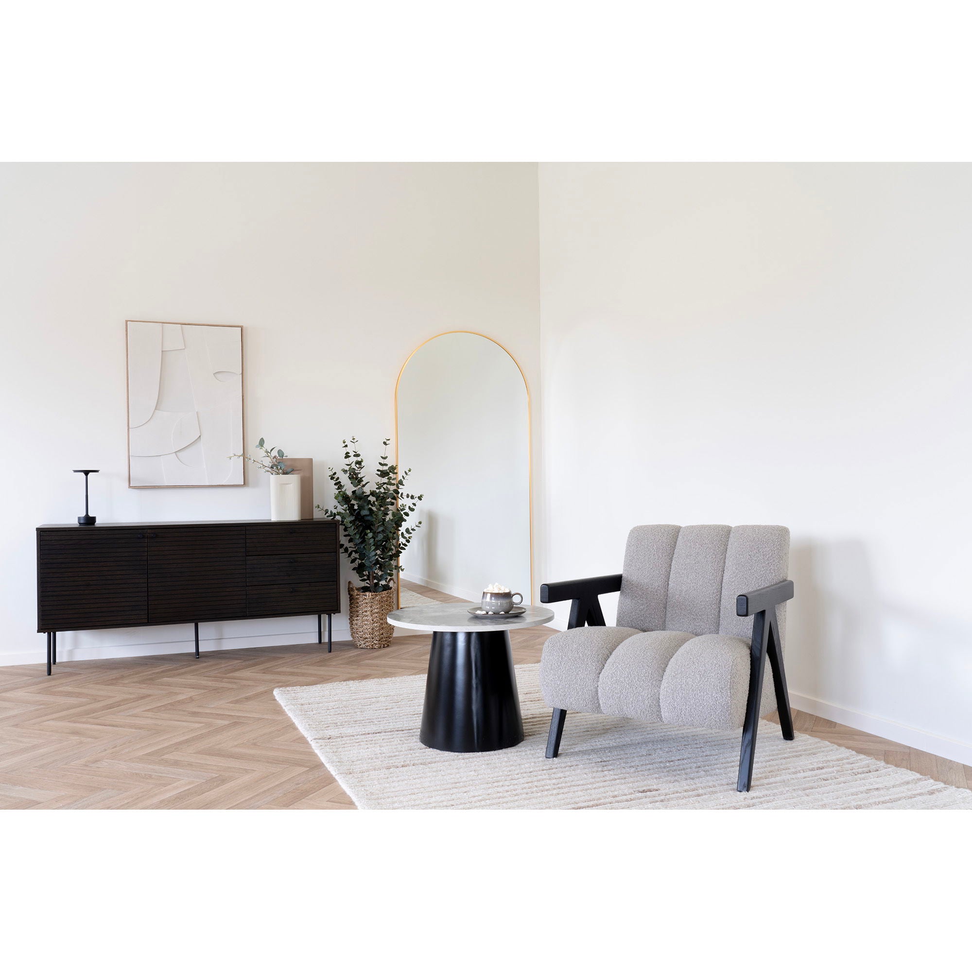 Kyoto Sideboard - Sideboard, 3 Schubladen, 2 Türen, Eichenfurnier, geräucherte, schwarze Metallbeine, 150 x 40 x 74 cm