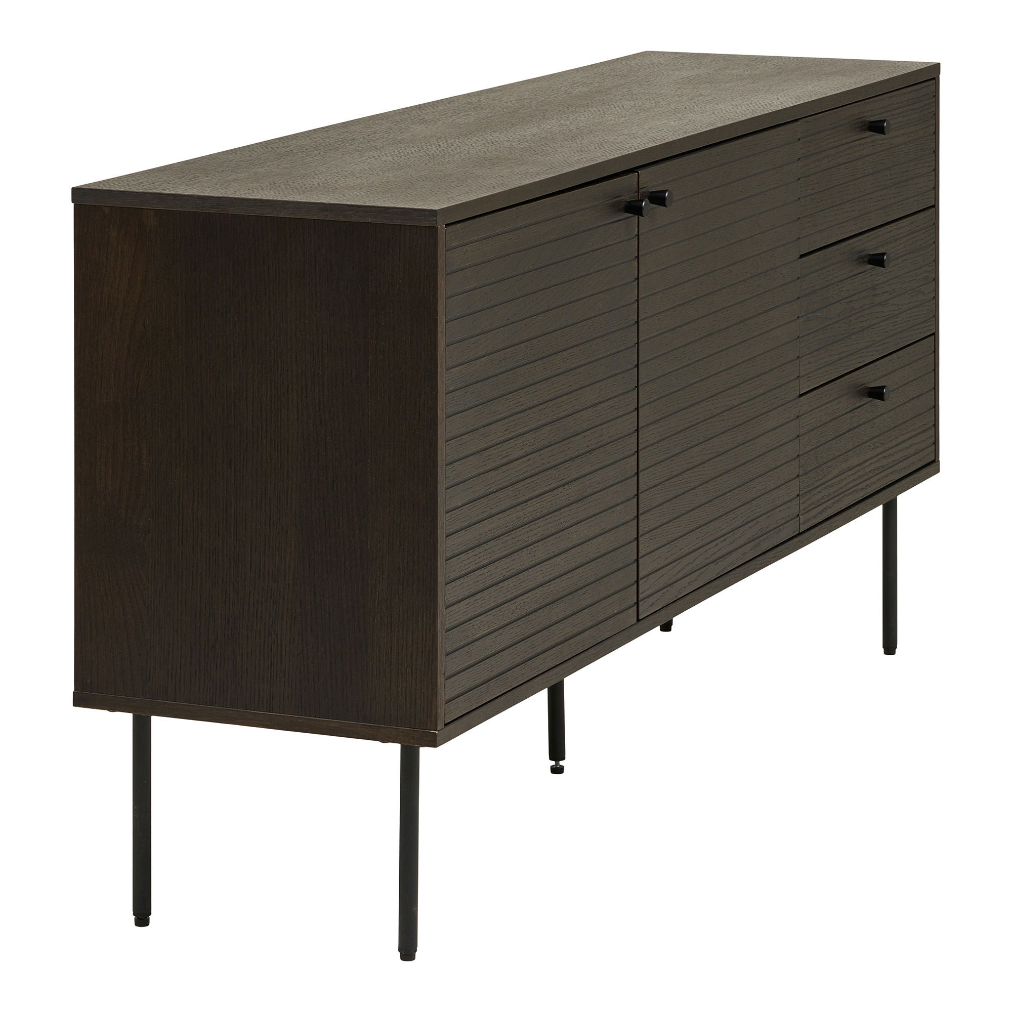 Kyoto Sideboard - Sideboard, 3 Schubladen, 2 Türen, Eichenfurnier, geräucherte, schwarze Metallbeine, 150 x 40 x 74 cm