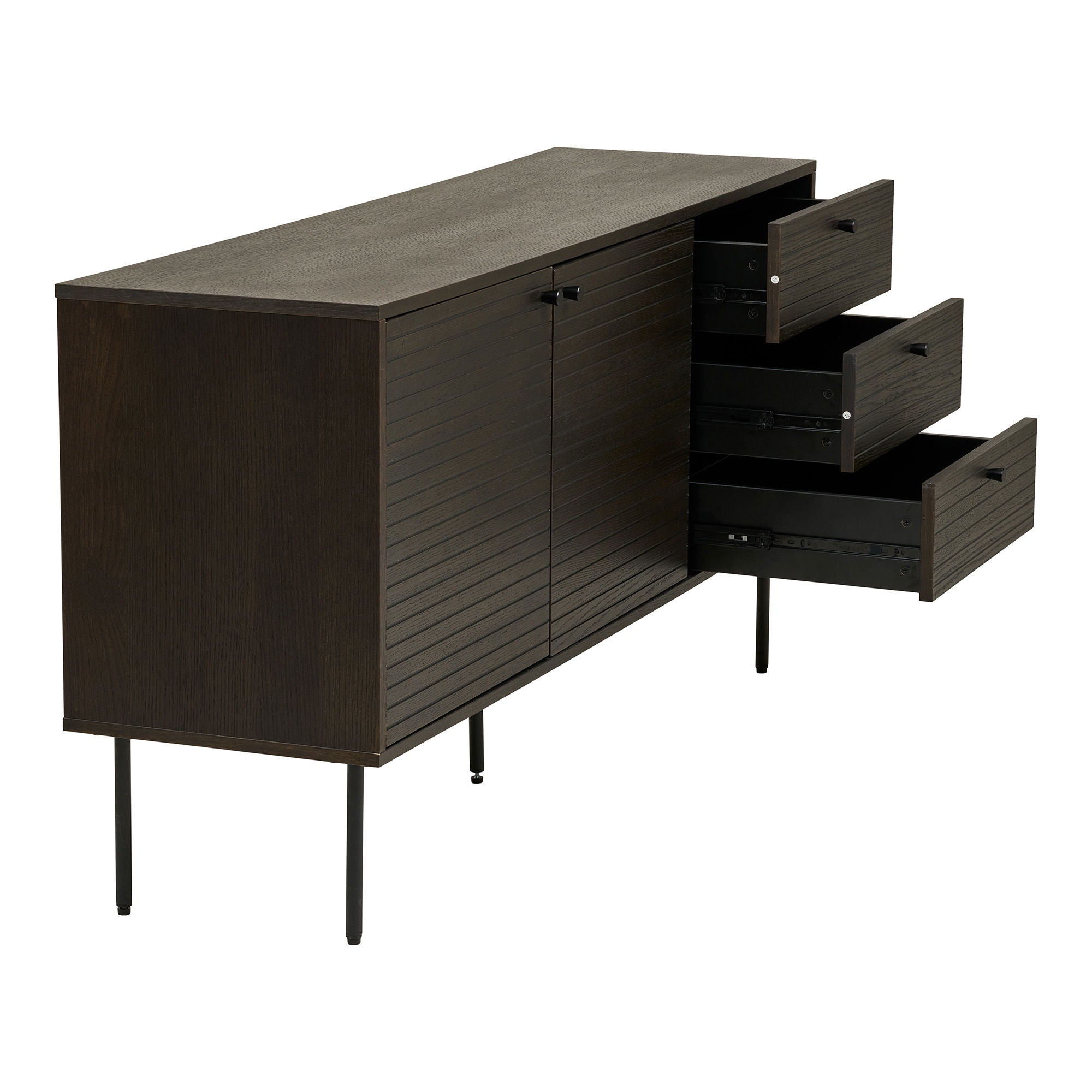 Kyoto Sideboard - Sideboard, 3 Schubladen, 2 Türen, Eichenfurnier, geräucherte, schwarze Metallbeine, 150 x 40 x 74 cm