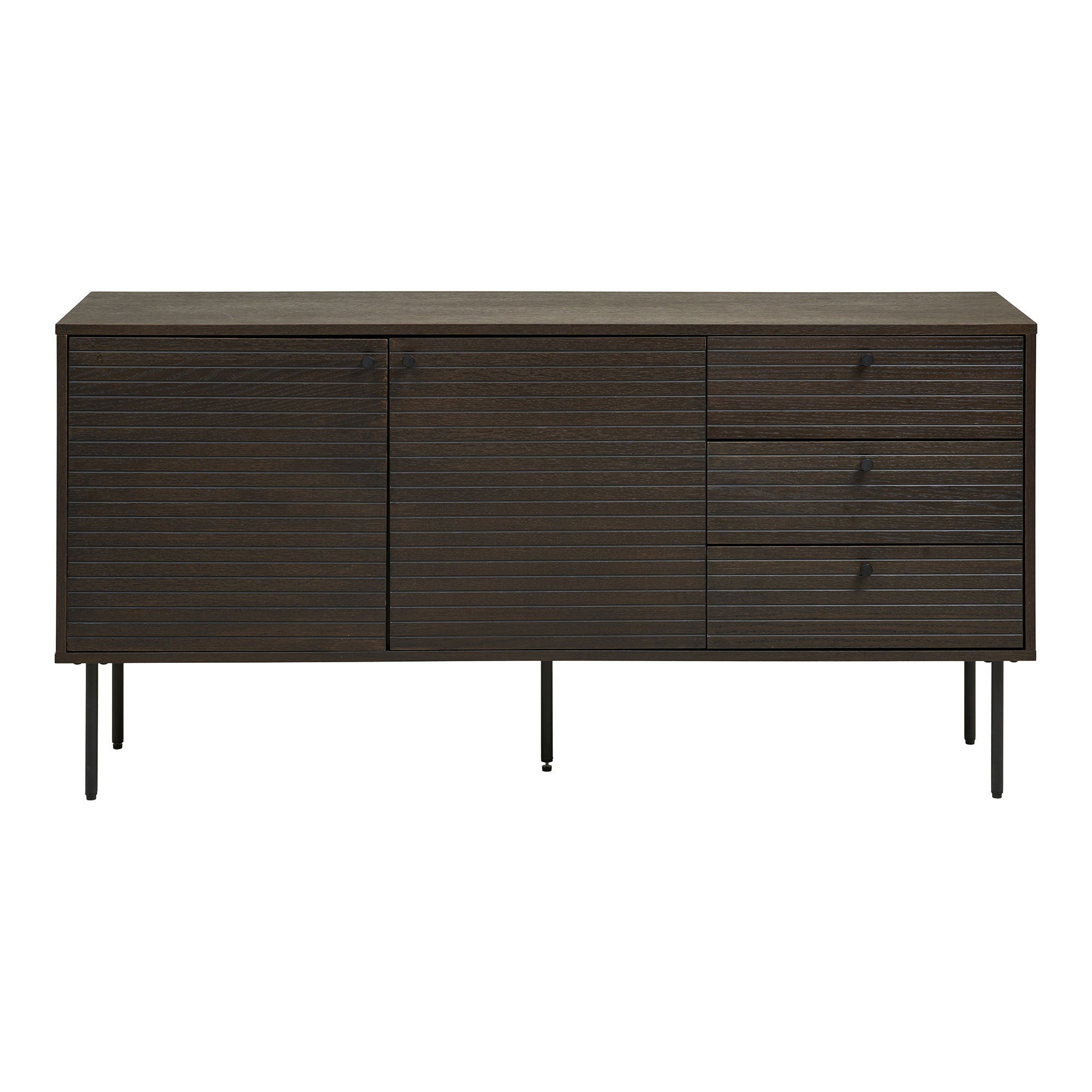 Kyoto Sideboard - Sideboard, 3 Schubladen, 2 Türen, Eichenfurnier, geräucherte, schwarze Metallbeine, 150 x 40 x 74 cm