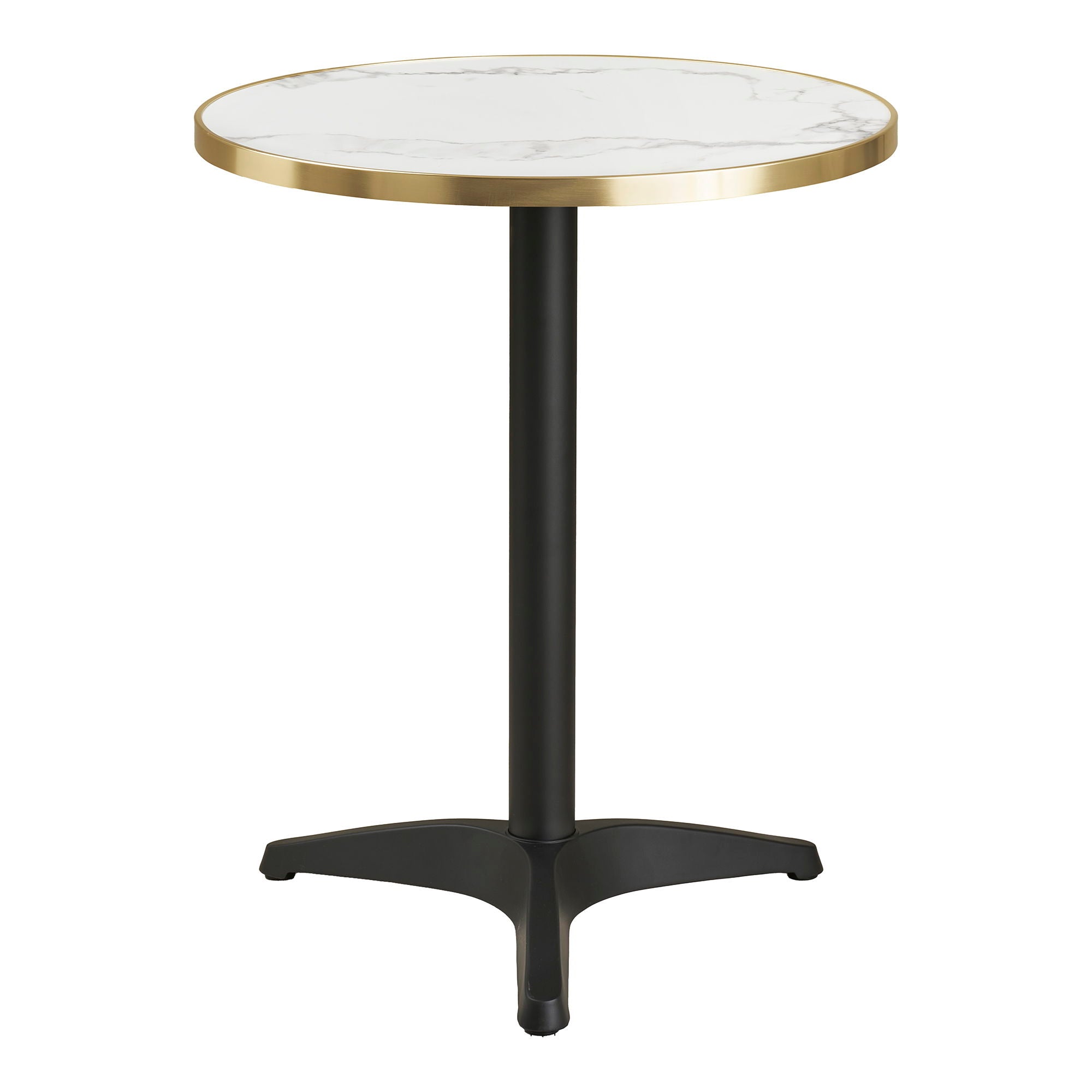 Cafétisch - Cafétisch, Marmor -Look -Arbeitsplatte, weiß mit goldener Kante, schwarze Beine, Aluminium Ø60x73 cm