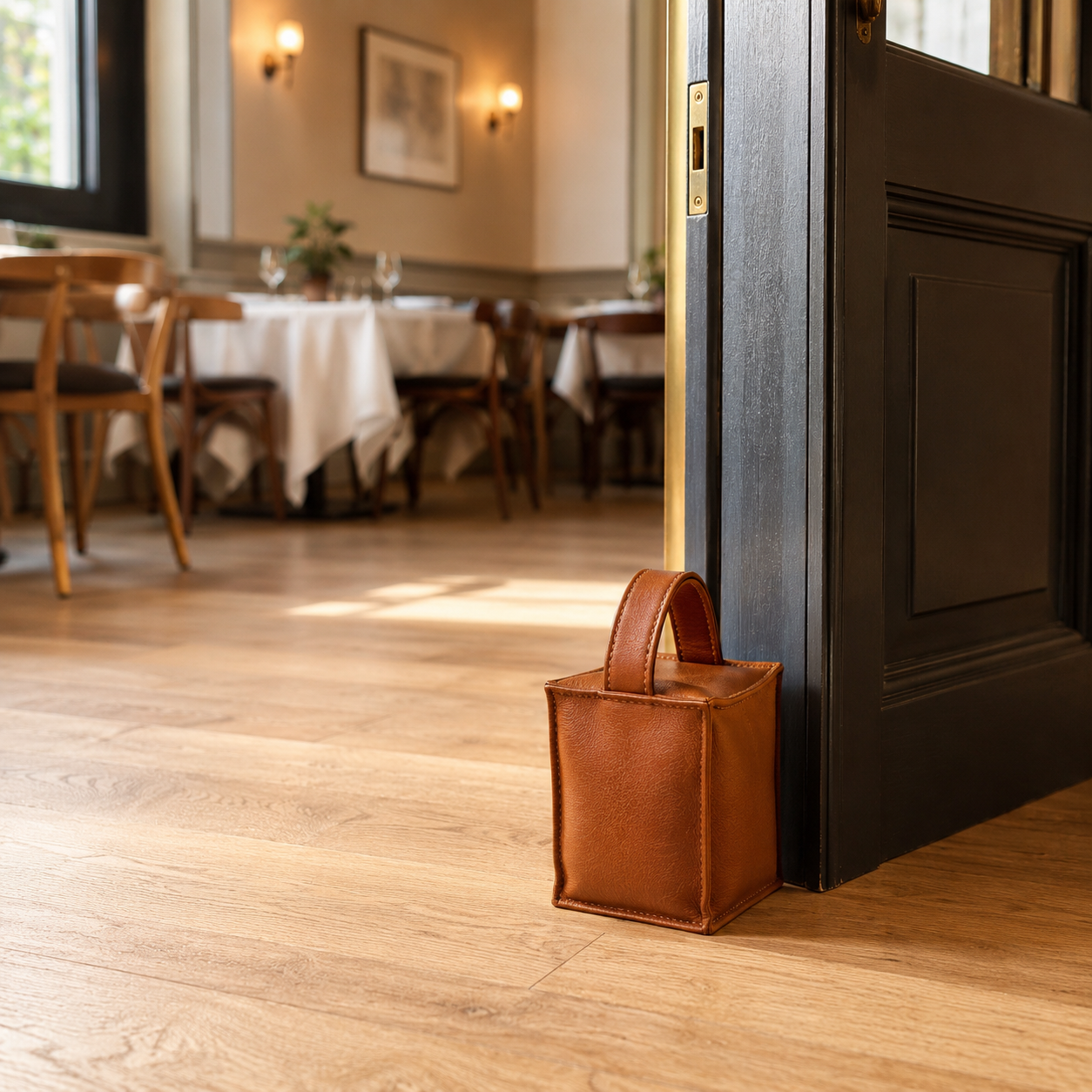 Türstopper aus Leder – quadratisches Modell Cognac