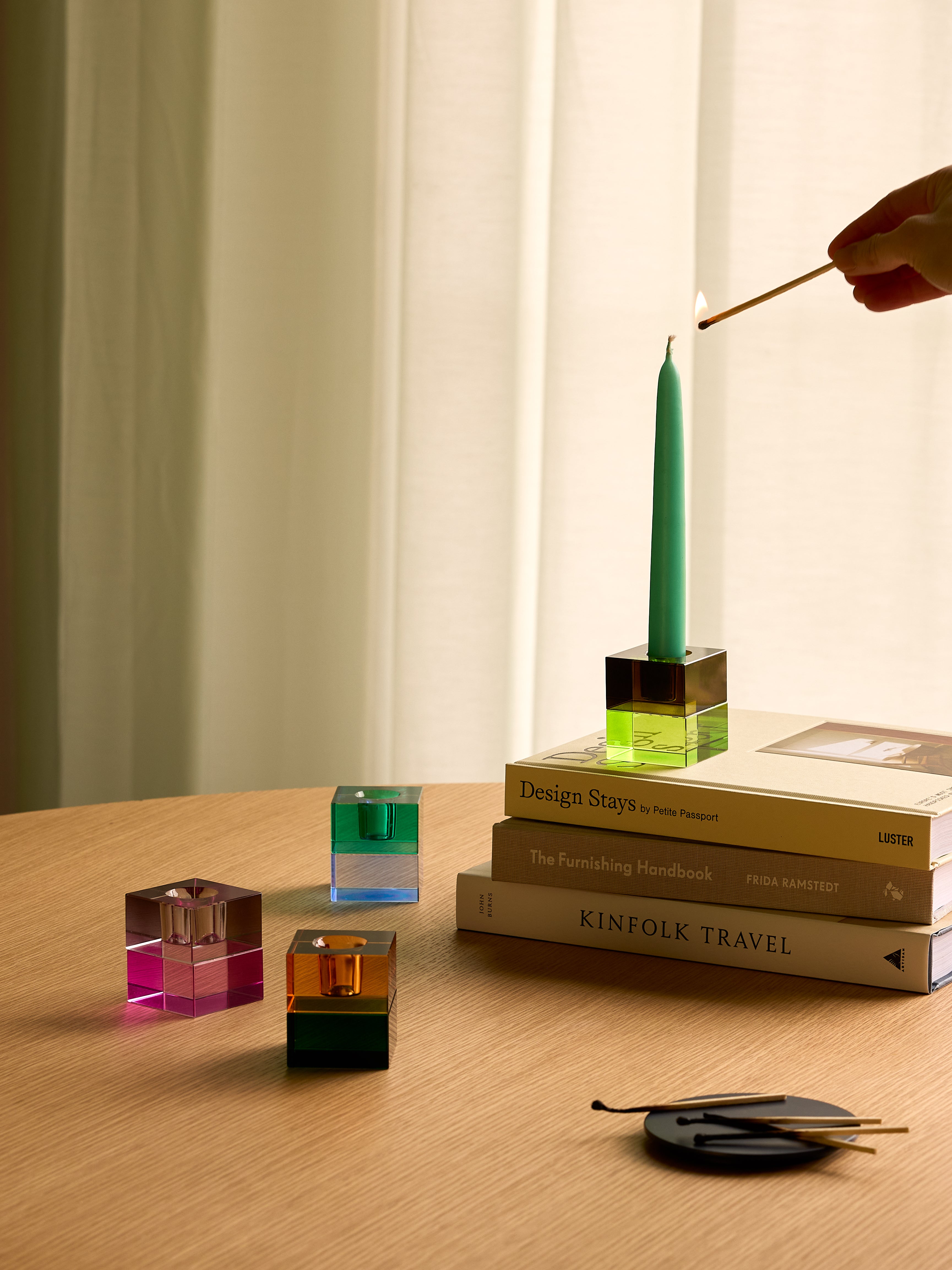 Blockkerzenhalter Grün/Blau & Orange/Grün (2er-Set) – 5x5h6cm