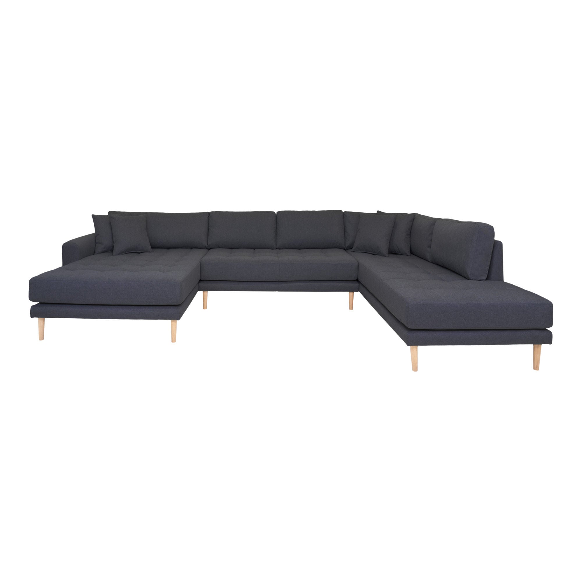 Lido U-Sofa Open End-U-Sofa Open End, links in dunkelgrau mit vier Kissen und Naturholzbeinen, HN1002