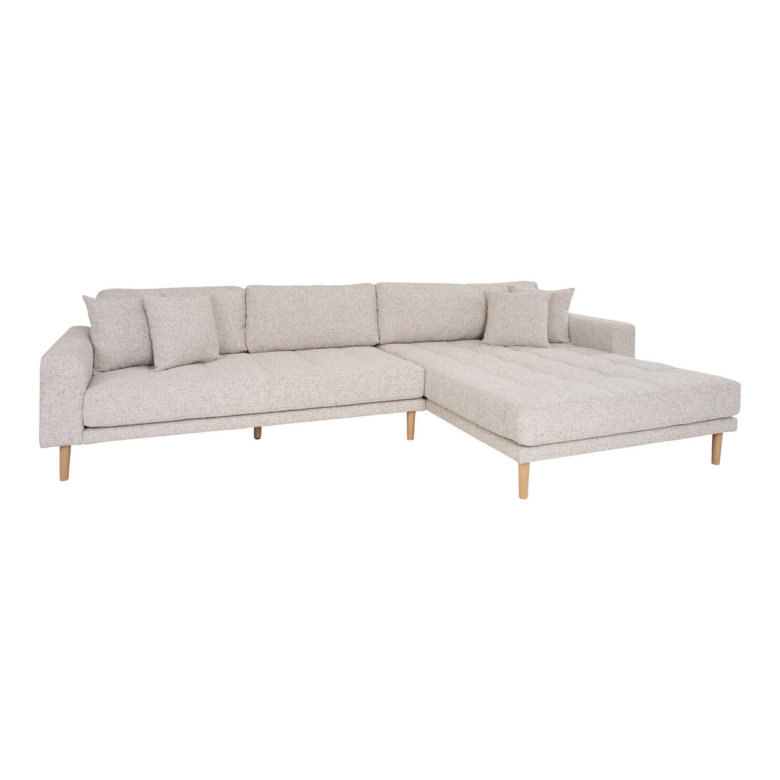 Lido Lounge Sofa - Lounge -Sofa, rechts - in Beige verschmiert mit vier Kissen und Naturholzbeinen, HN1015