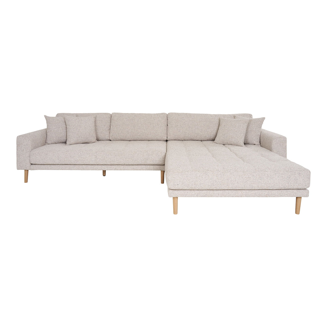 Lido Lounge Sofa - Lounge -Sofa, rechts - in Beige verschmiert mit vier Kissen und Naturholzbeinen, HN1015