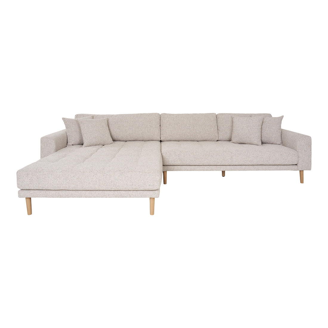 Lido Lounge Sofa - Lounge -Sofa, in der beige Melette mit vier Kissen und Naturholzbeinen, HN1015, gelassen