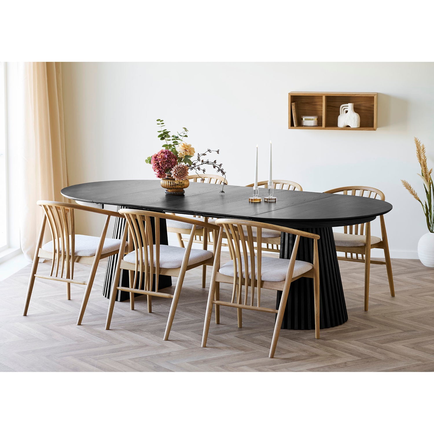 Osaka Esstisch - Esstisch, Eichenstrahlen, schwarz, inkl. Drei ergänzende Platten Ø120x120-160-200-240x75 cm