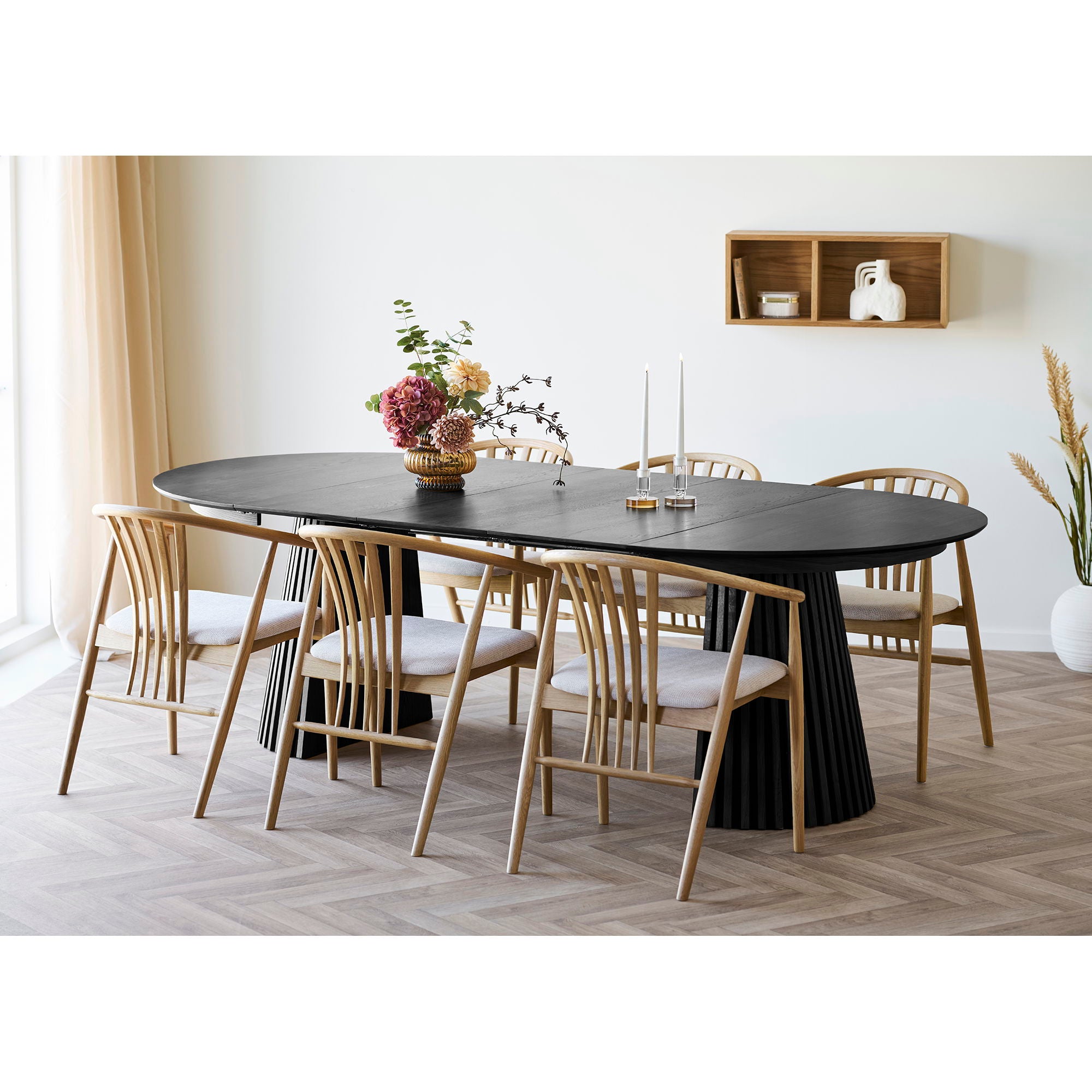 Osaka Esstisch - Esstisch, Eichenstrahlen, schwarz, inkl. Drei ergänzende Platten Ø120x120-160-200-240x75 cm