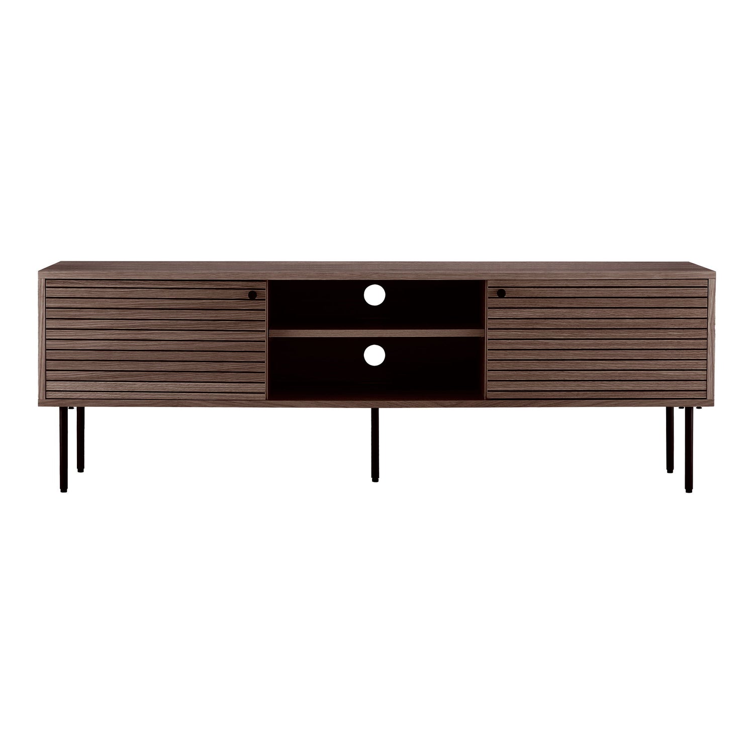 TV -Bank, 2 Türen, 2 Regale, Eichenfurnier, geräucherte, schwarze Metallbeine 150x40x50 cm