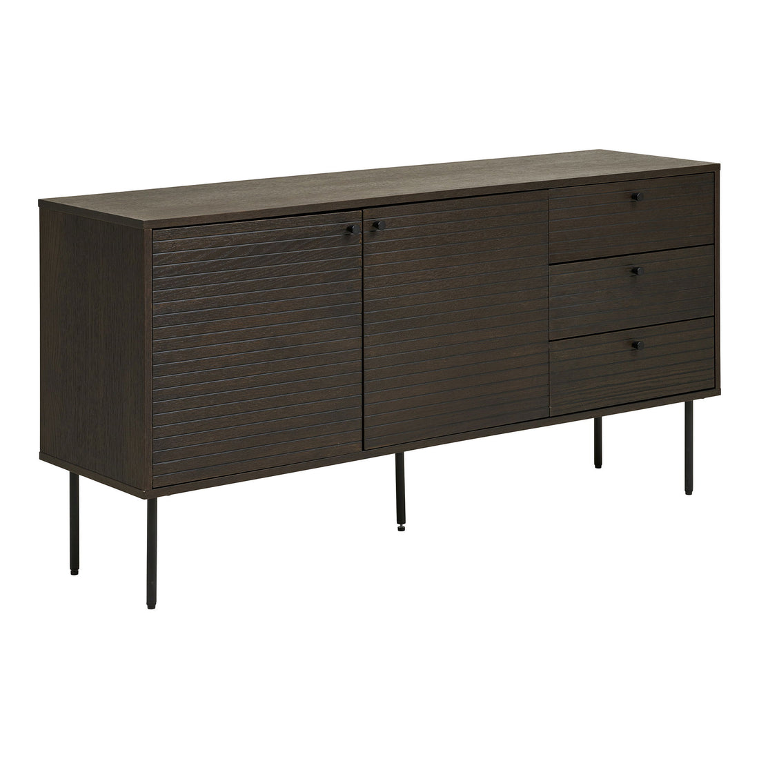 Kyoto Sideboard - Sideboard, 3 Schubladen, 2 Türen, Eichenfurnier, geräucherte, schwarze Metallbeine, 150 x 40 x 74 cm