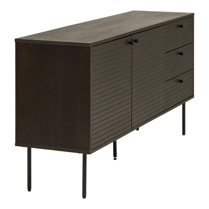 Kyoto Sideboard - Sideboard, 3 Schubladen, 2 Türen, Eichenfurnier, geräucherte, schwarze Metallbeine, 150 x 40 x 74 cm