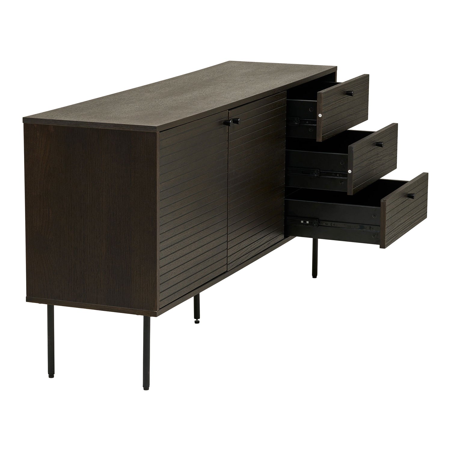 Kyoto Sideboard - Sideboard, 3 Schubladen, 2 Türen, Eichenfurnier, geräucherte, schwarze Metallbeine, 150 x 40 x 74 cm