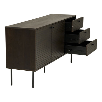 Kyoto Sideboard - Sideboard, 3 Schubladen, 2 Türen, Eichenfurnier, geräucherte, schwarze Metallbeine, 150 x 40 x 74 cm