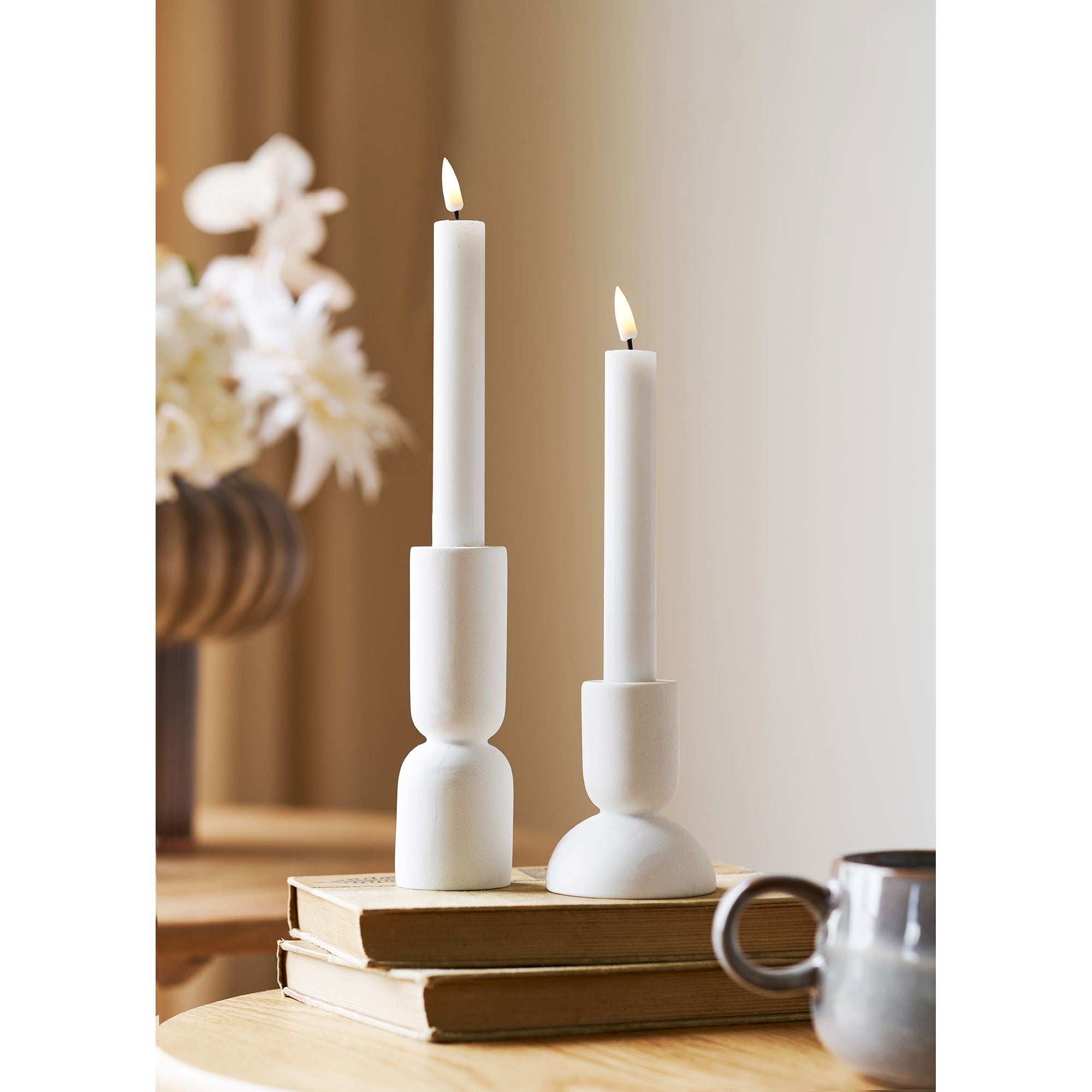 Candlestick - Candlesticks, Kalkstein, weißer Set von 2