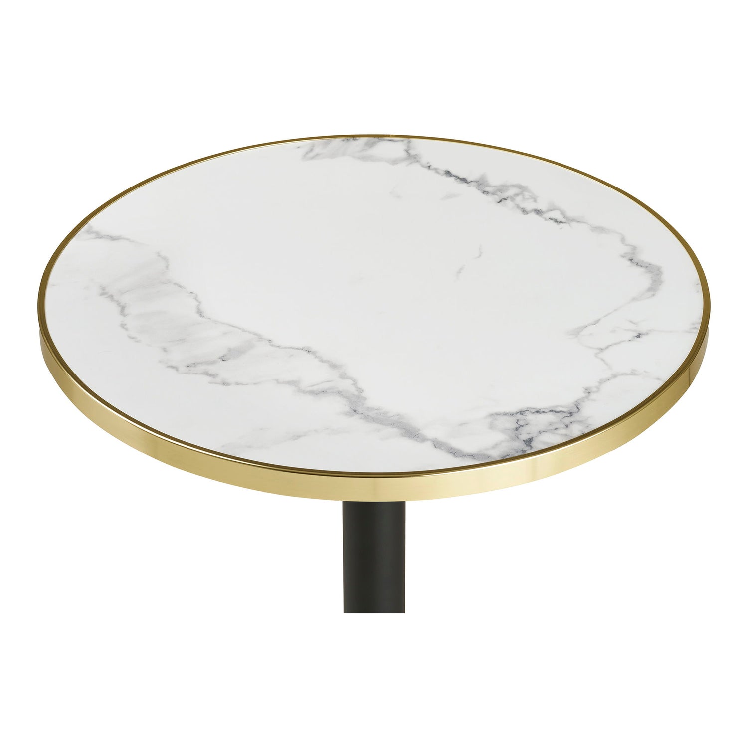 Cafétisch - Cafétisch, Marmor -Look -Arbeitsplatte, weiß mit goldener Kante, schwarze Beine, Aluminium Ø60x73 cm