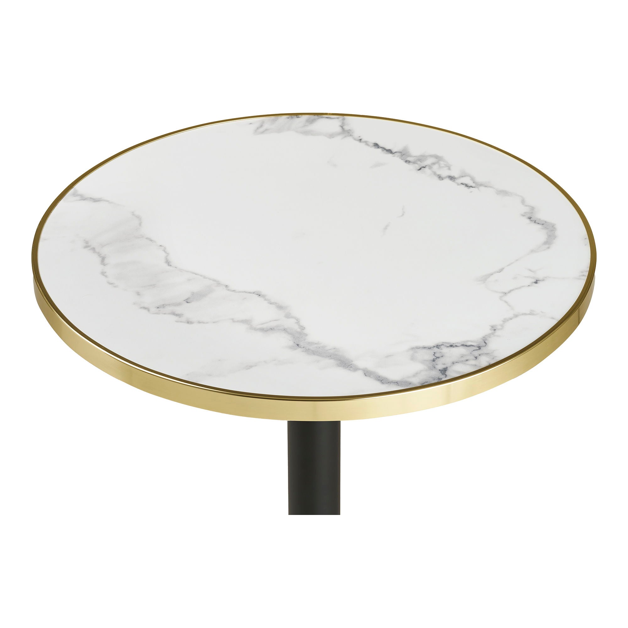 Cafétisch - Cafétisch, Marmor -Look -Arbeitsplatte, weiß mit goldener Kante, schwarze Beine, Aluminium Ø60x73 cm