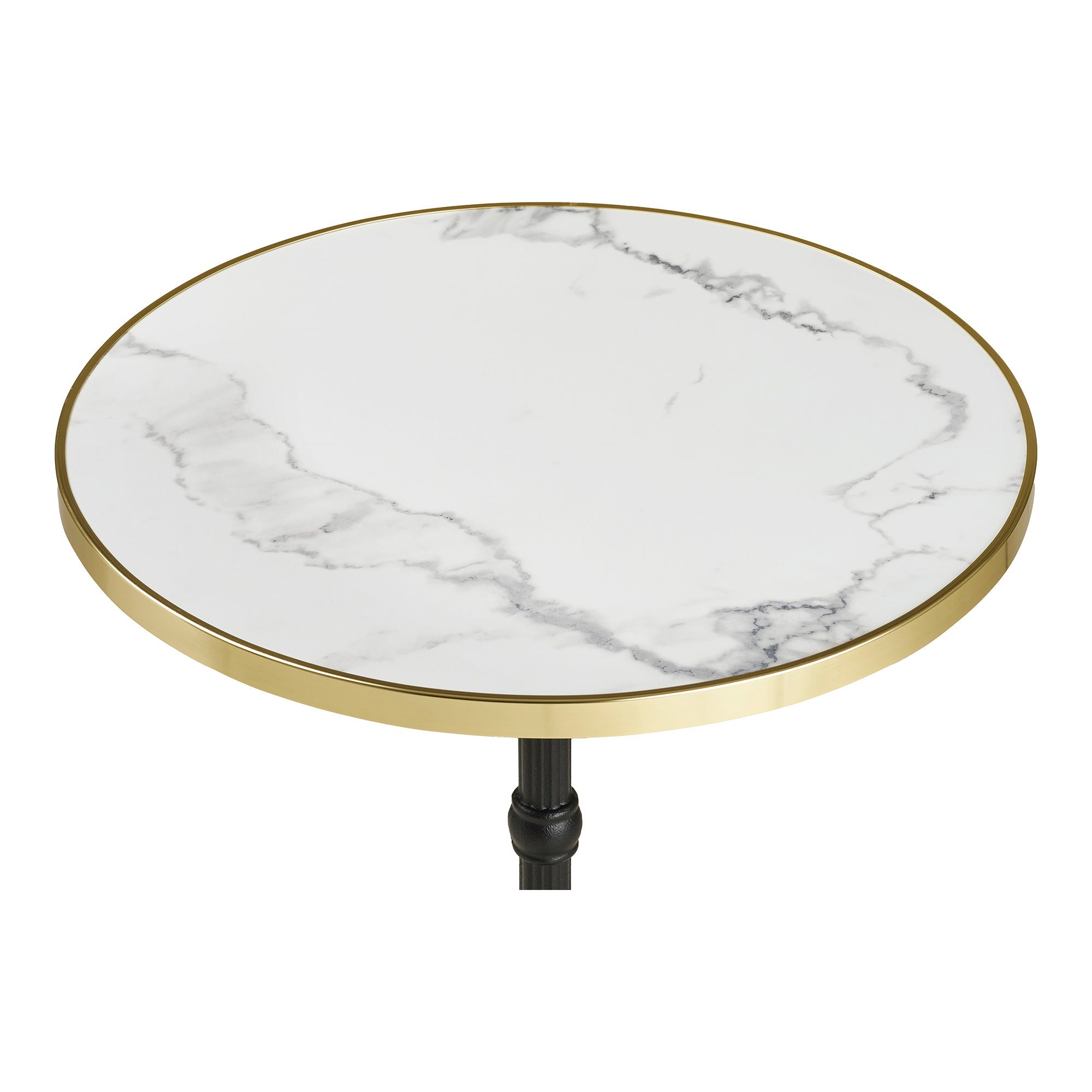 Cafétisch - Cafétisch, Marmor -Look -Arbeitsplatte, weiß mit goldener Kante, schwarze Beine, Gusseisen Ø60x73 cm