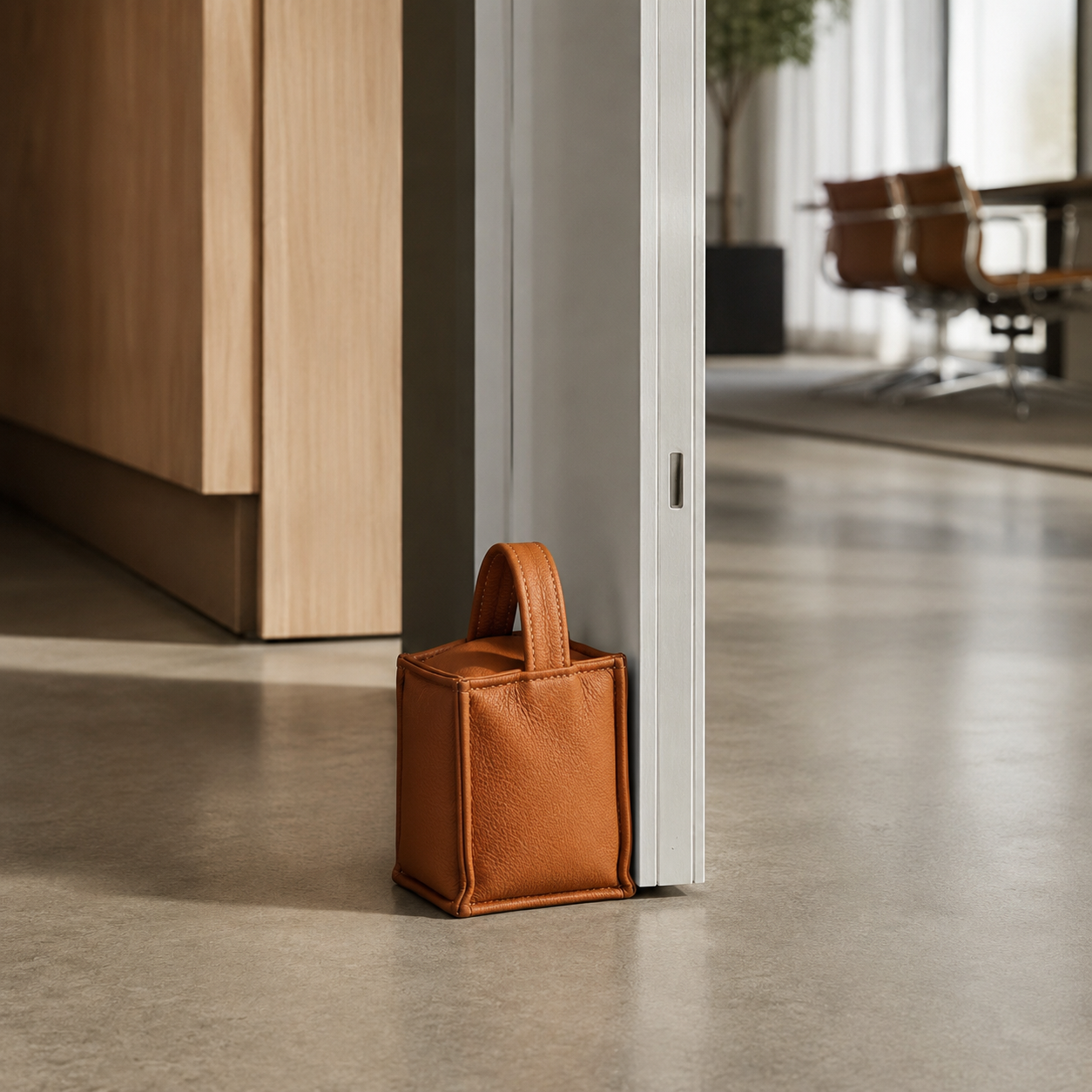 Türstopper aus Leder – quadratisches Modell Cognac