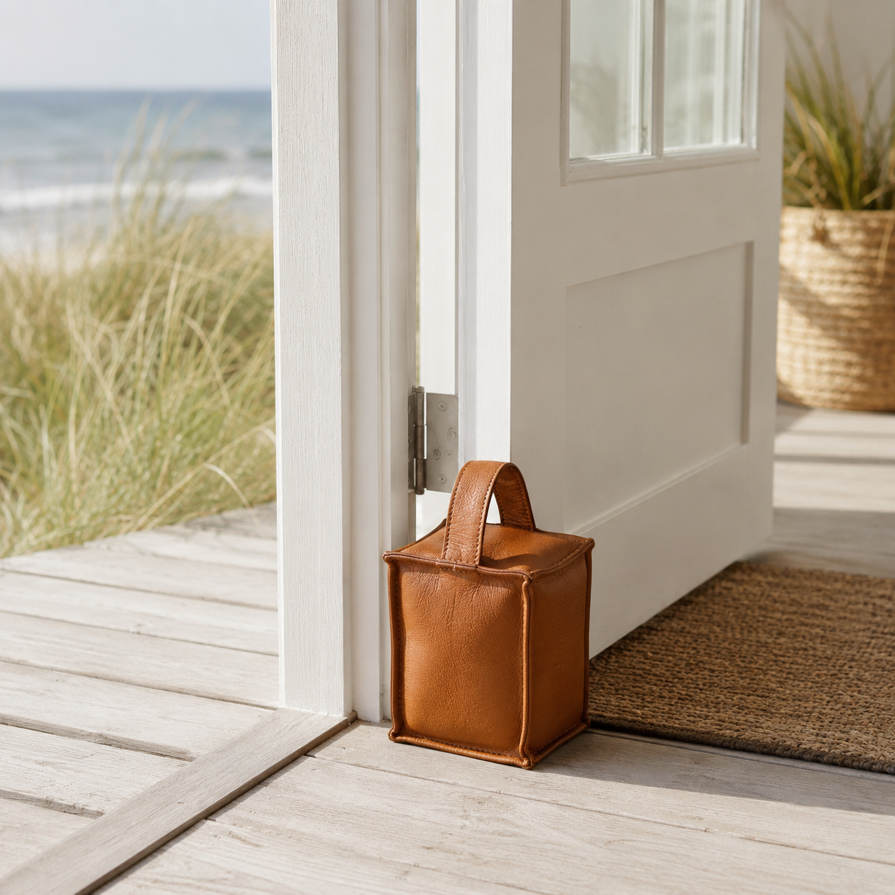Türstopper aus Leder – quadratisches Modell Cognac