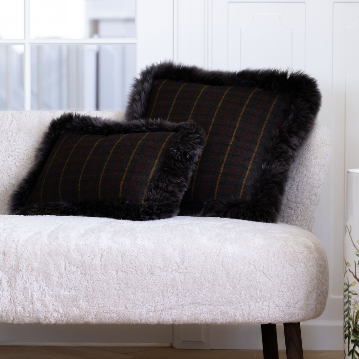 Karierte Sammlung | Wollkissen | Langhaarig | Doppelseitig | 34x52cm