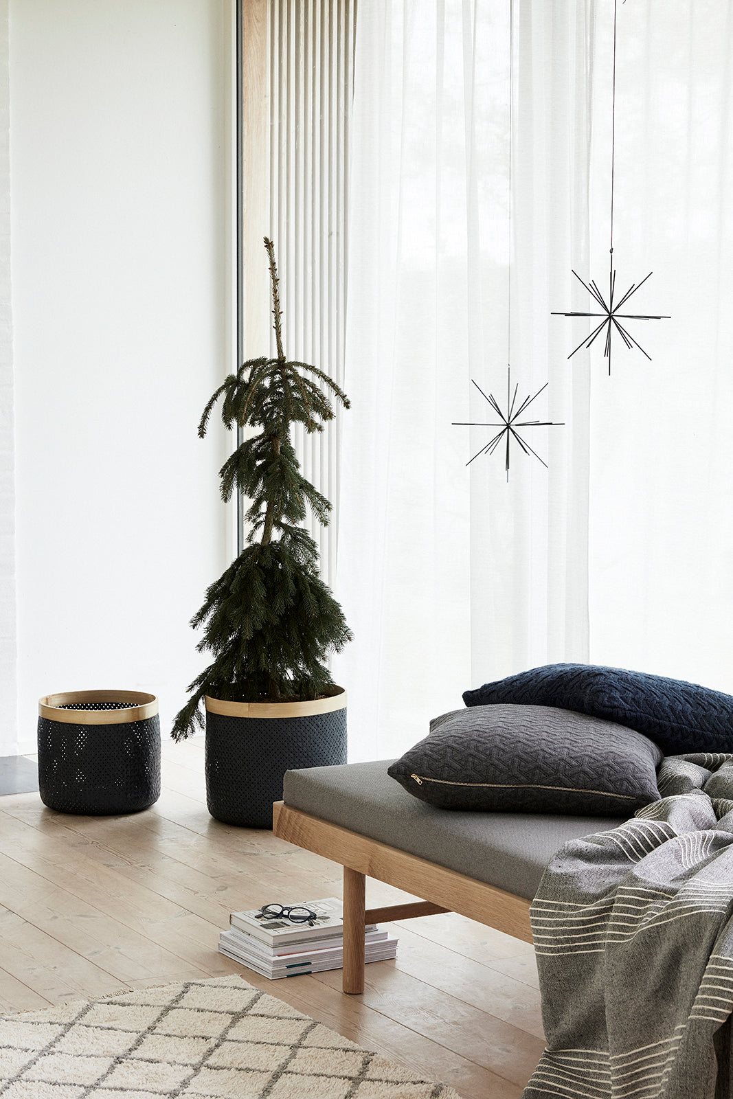 Streifenkorb Schwarz/Natur (2) - Ø34xh30, Ø40xh35cm