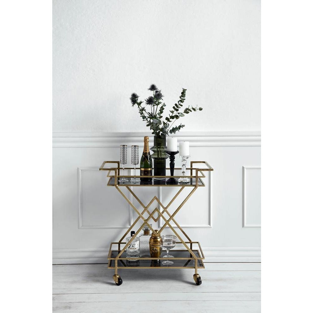 Nordal TROLLEY Rolltisch aus Eisen - 44x76 cm - gold/schwarzes Glas