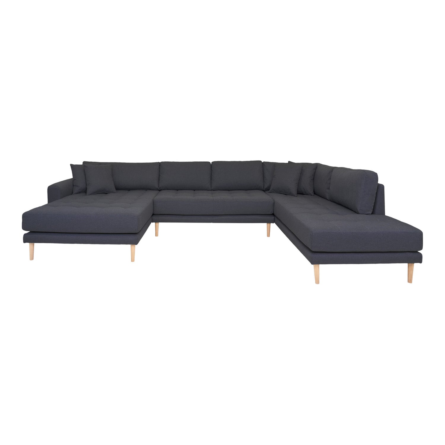 Lido U-Sofa Open End-U-Sofa Open End, links in dunkelgrau mit vier Kissen und Naturholzbeinen, HN1002