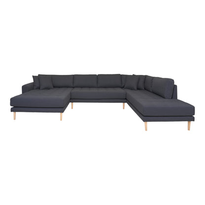 Lido U-Sofa Open End-U-Sofa Open End, links in dunkelgrau mit vier Kissen und Naturholzbeinen, HN1002