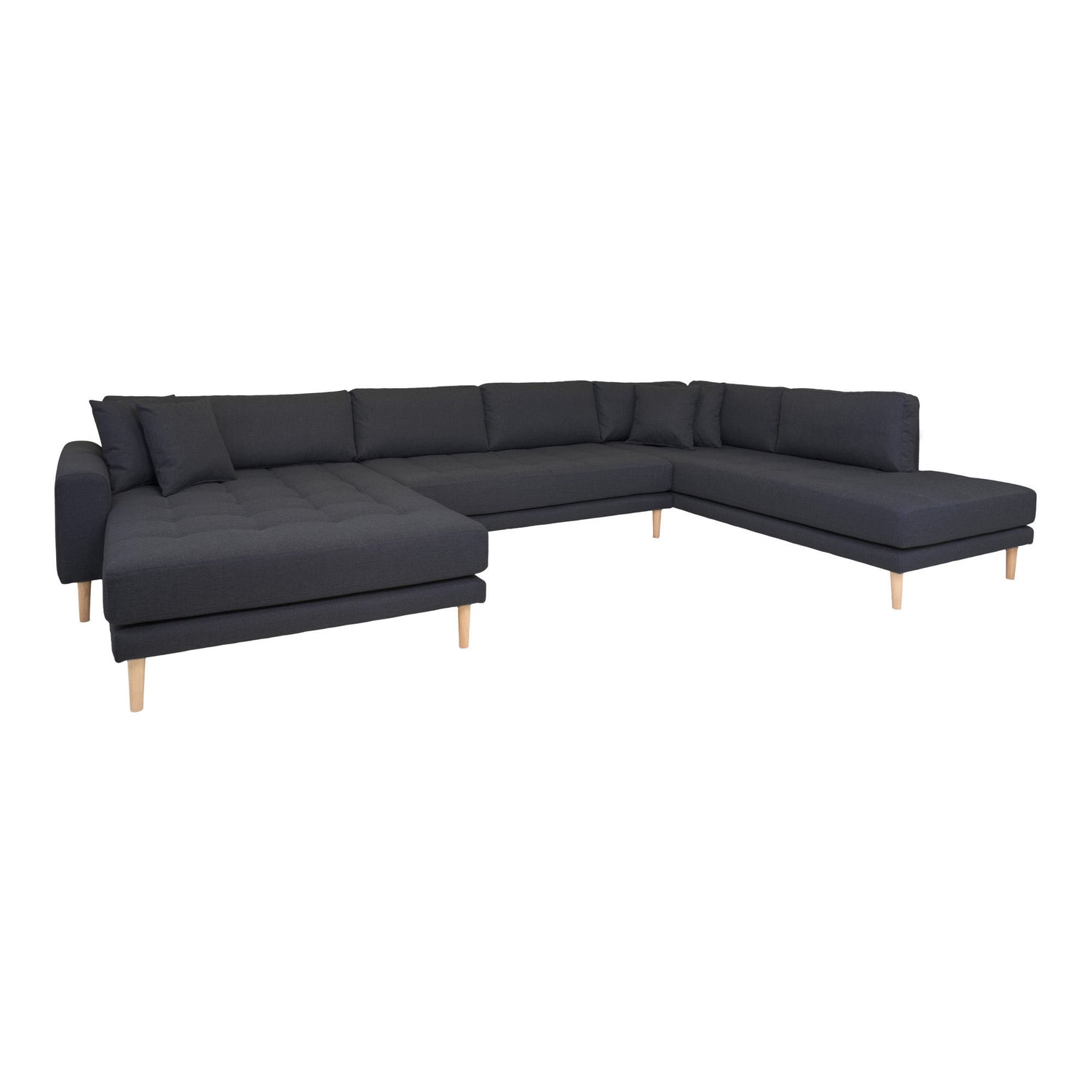 Lido U-Sofa Open End-U-Sofa Open End, links in dunkelgrau mit vier Kissen und Naturholzbeinen, HN1002