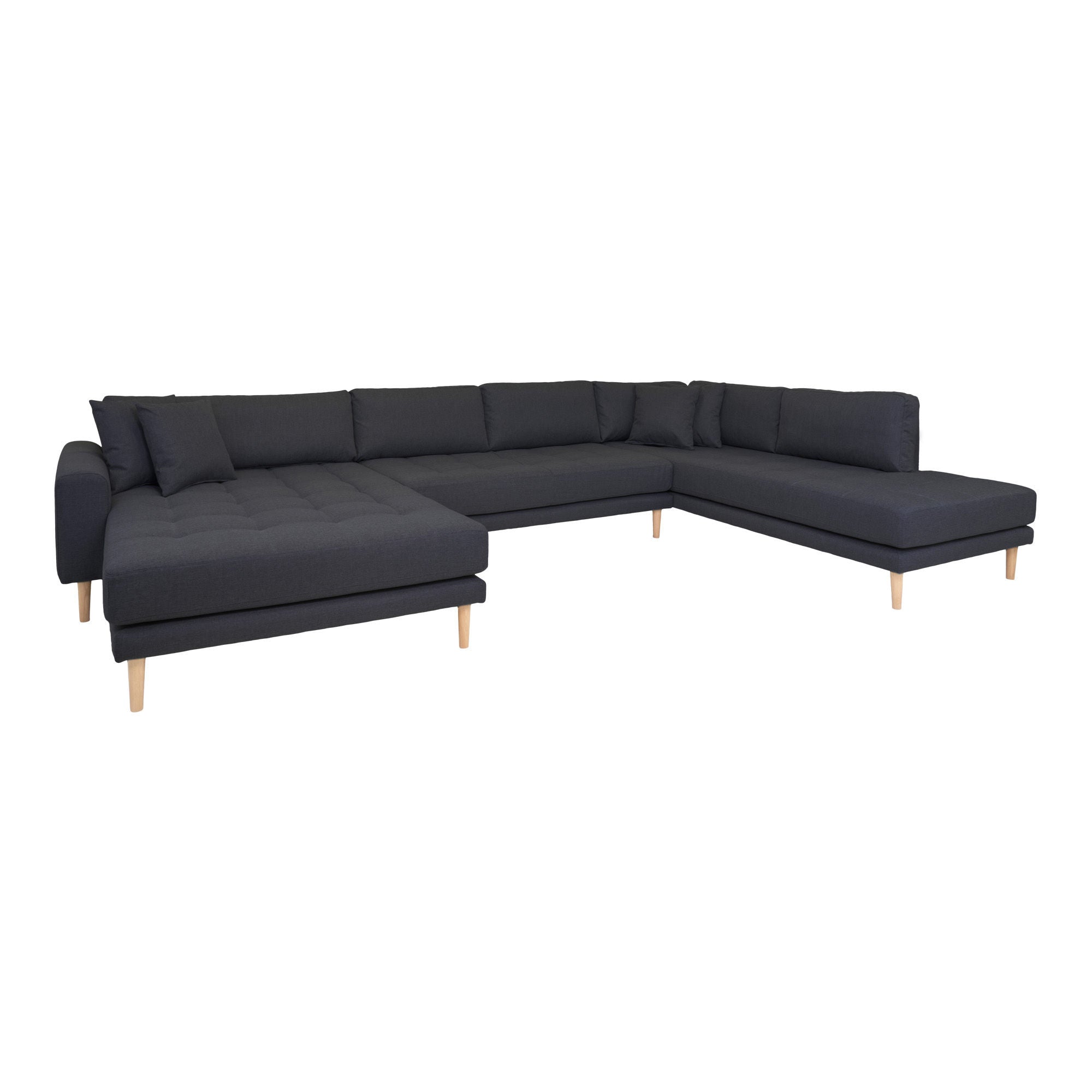 Lido U-Sofa Open End-U-Sofa Open End, links in dunkelgrau mit vier Kissen und Naturholzbeinen, HN1002