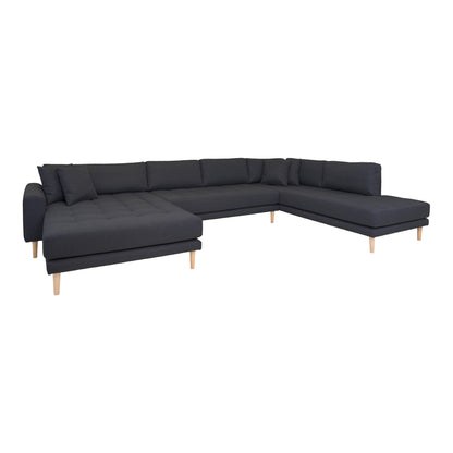 Lido U-Sofa Open End-U-Sofa Open End, links in dunkelgrau mit vier Kissen und Naturholzbeinen, HN1002
