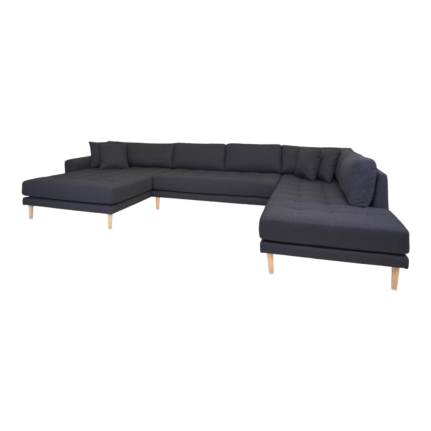 Lido U-Sofa Open End-U-Sofa Open End, links in dunkelgrau mit vier Kissen und Naturholzbeinen, HN1002