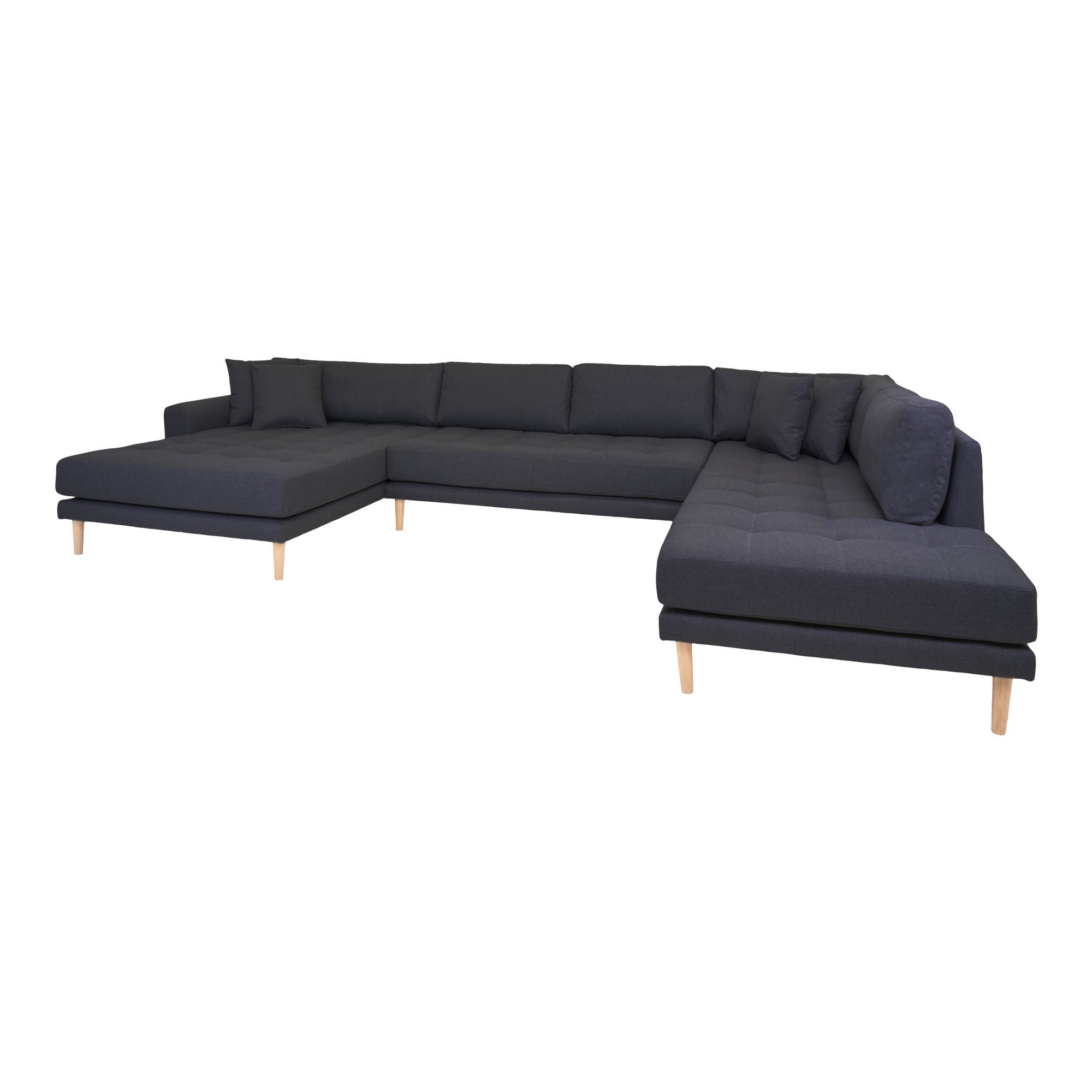 Lido U-Sofa Open End-U-Sofa Open End, links in dunkelgrau mit vier Kissen und Naturholzbeinen, HN1002