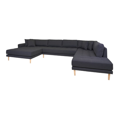 Lido U-Sofa Open End-U-Sofa Open End, links in dunkelgrau mit vier Kissen und Naturholzbeinen, HN1002