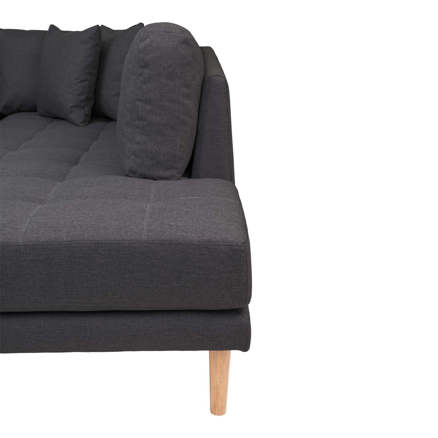 Lido U-Sofa Open End-U-Sofa Open End, links in dunkelgrau mit vier Kissen und Naturholzbeinen, HN1002