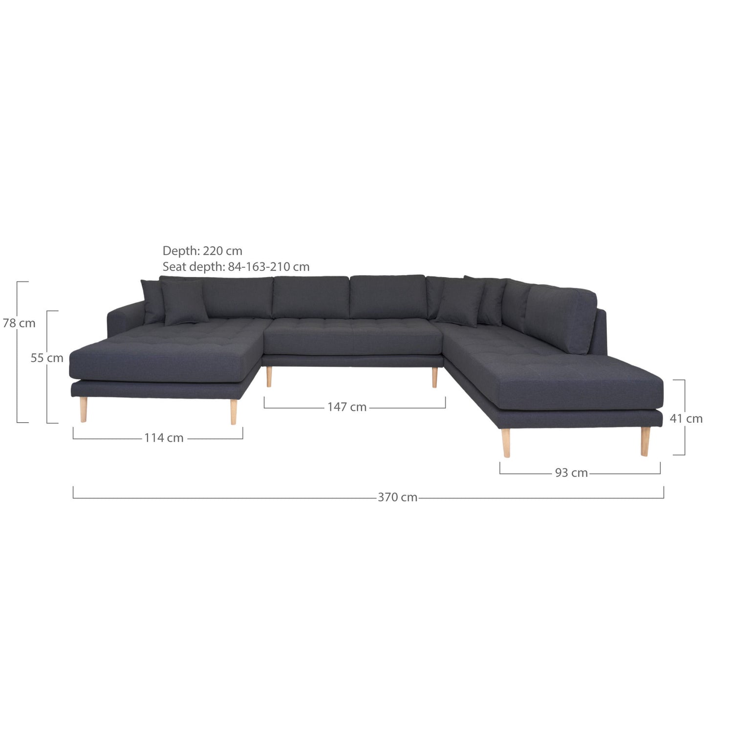 Lido U-Sofa Open End-U-Sofa Open End, links in dunkelgrau mit vier Kissen und Naturholzbeinen, HN1002