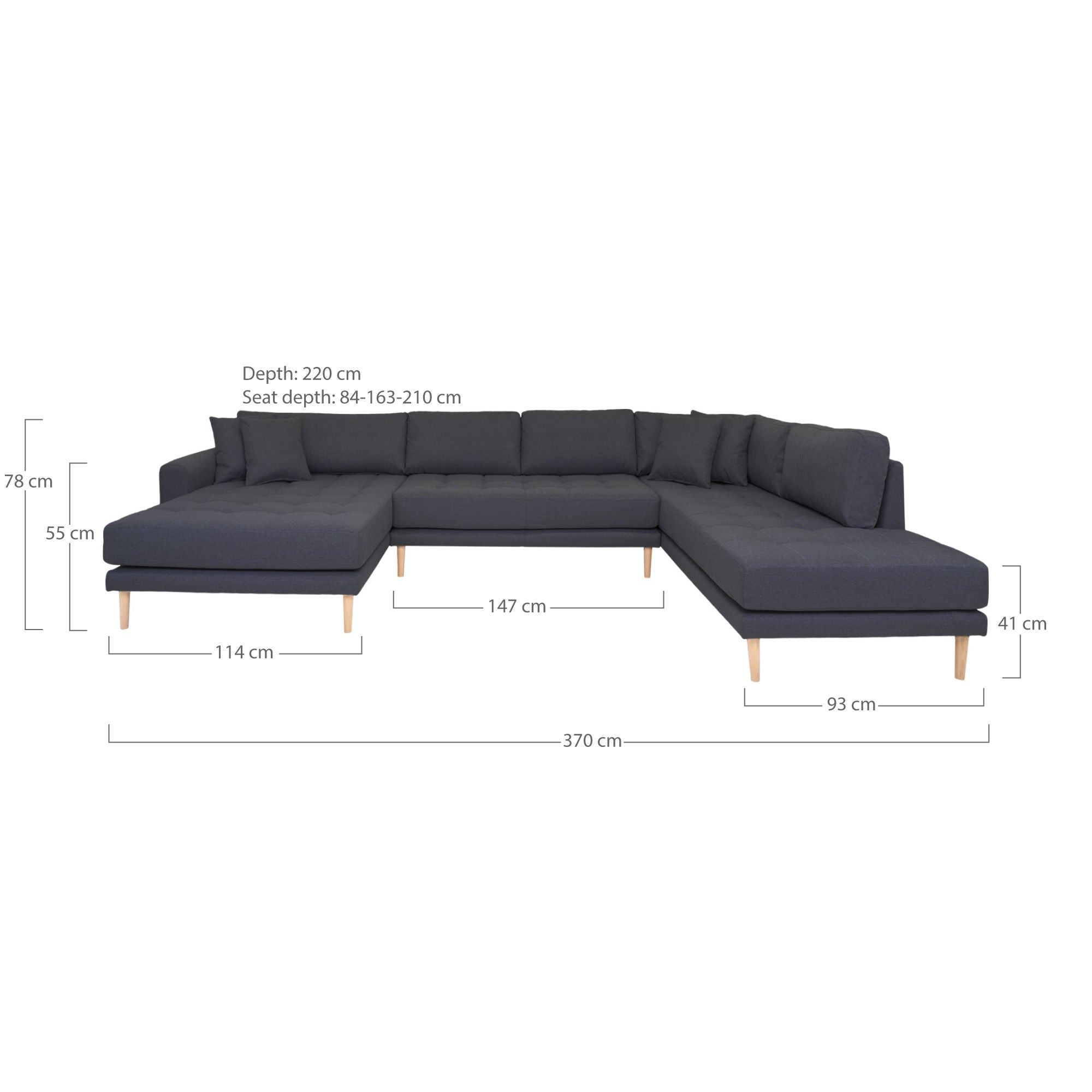 Lido U-Sofa Open End-U-Sofa Open End, links in dunkelgrau mit vier Kissen und Naturholzbeinen, HN1002