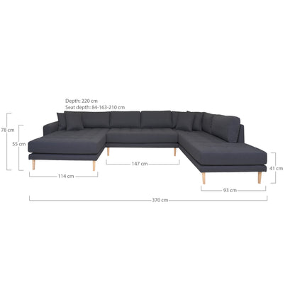 Lido U-Sofa Open End-U-Sofa Open End, links in dunkelgrau mit vier Kissen und Naturholzbeinen, HN1002