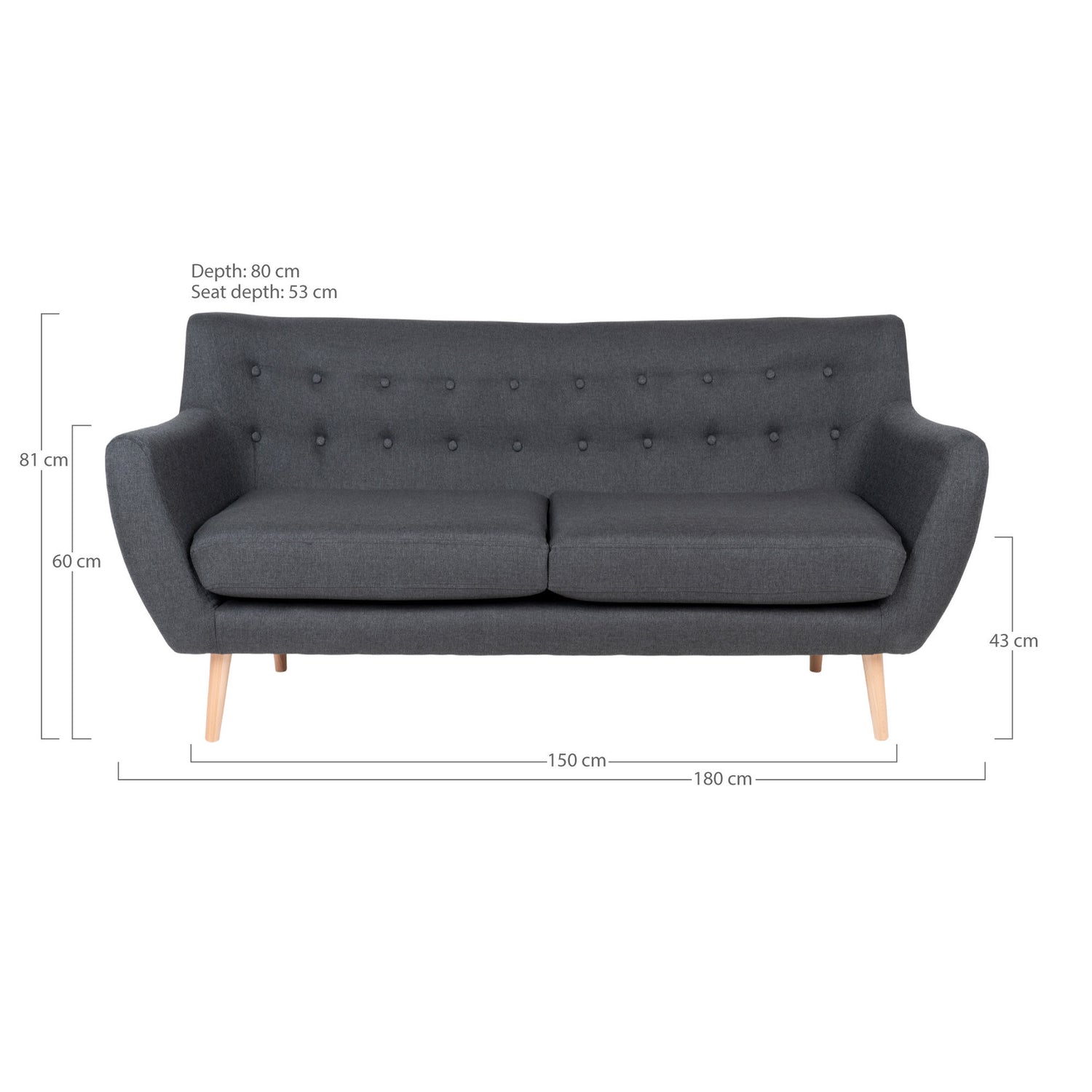 Monte 3 Person Sofa - 3 Personen -Sofa, dunkelgrau mit Natur Holzbeinen, HN1002