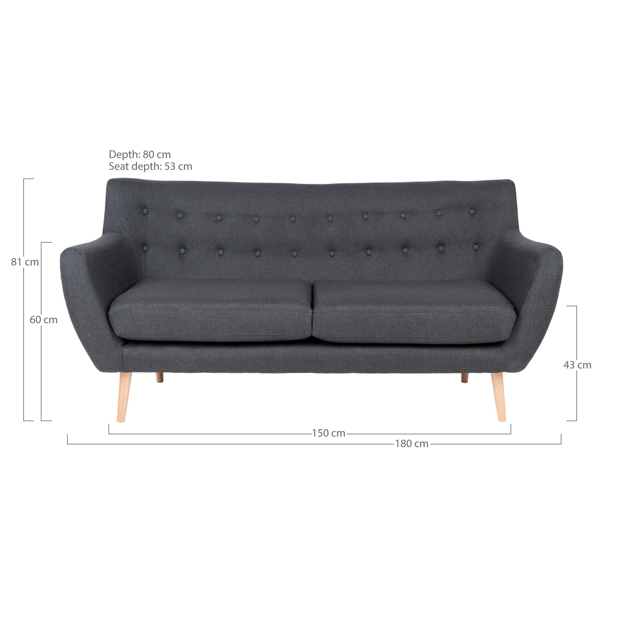 Monte 3 Person Sofa - 3 Personen -Sofa, dunkelgrau mit Natur Holzbeinen, HN1002