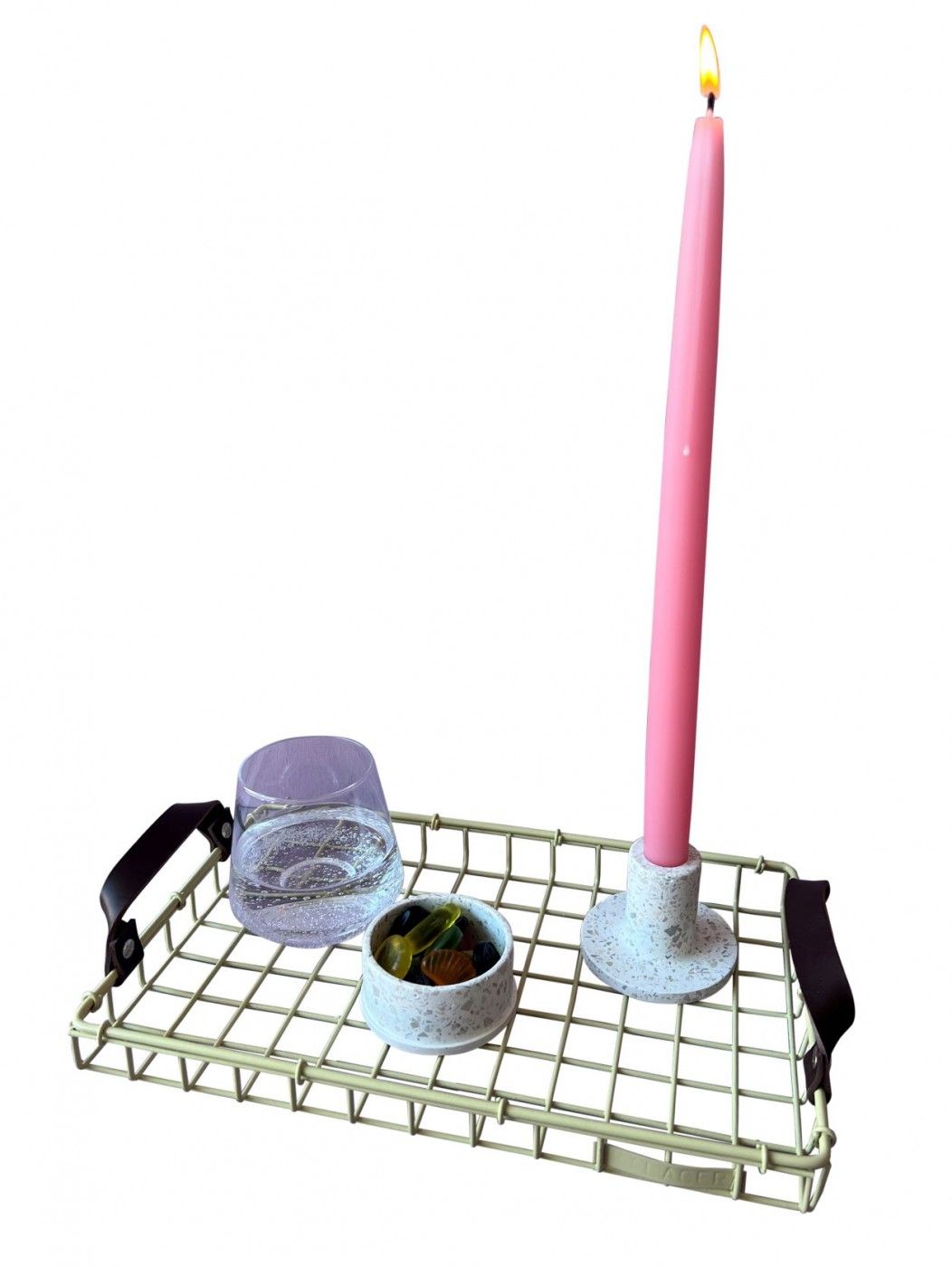 Kalager -Designschale, kleines, grünes Beige mit dunkelbraunem Lederband