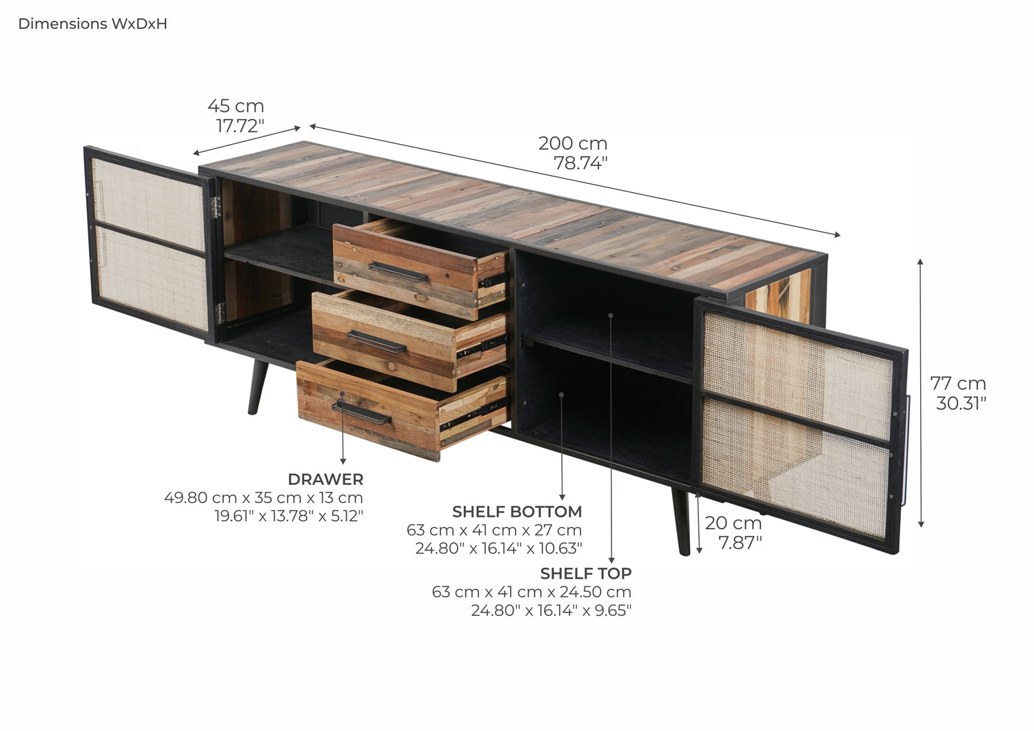 Nordic Rattan Sideboard mit 2 Türen und 3 Schubladen