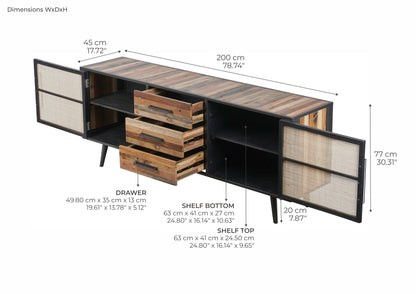 Nordic Rattan Sideboard mit 2 Türen und 3 Schubladen